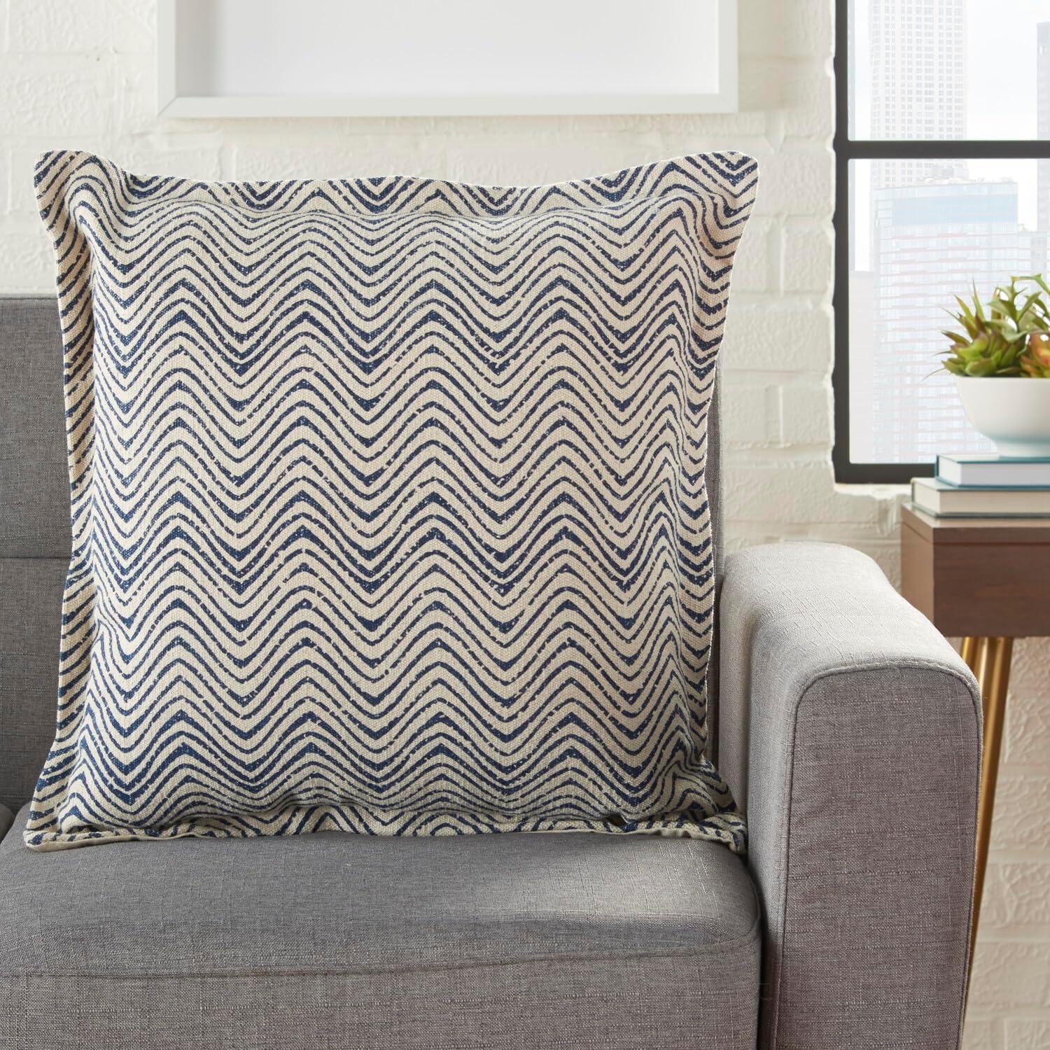 Indigo and Ivory Cotton Chevron 20" Square Throw Pillow