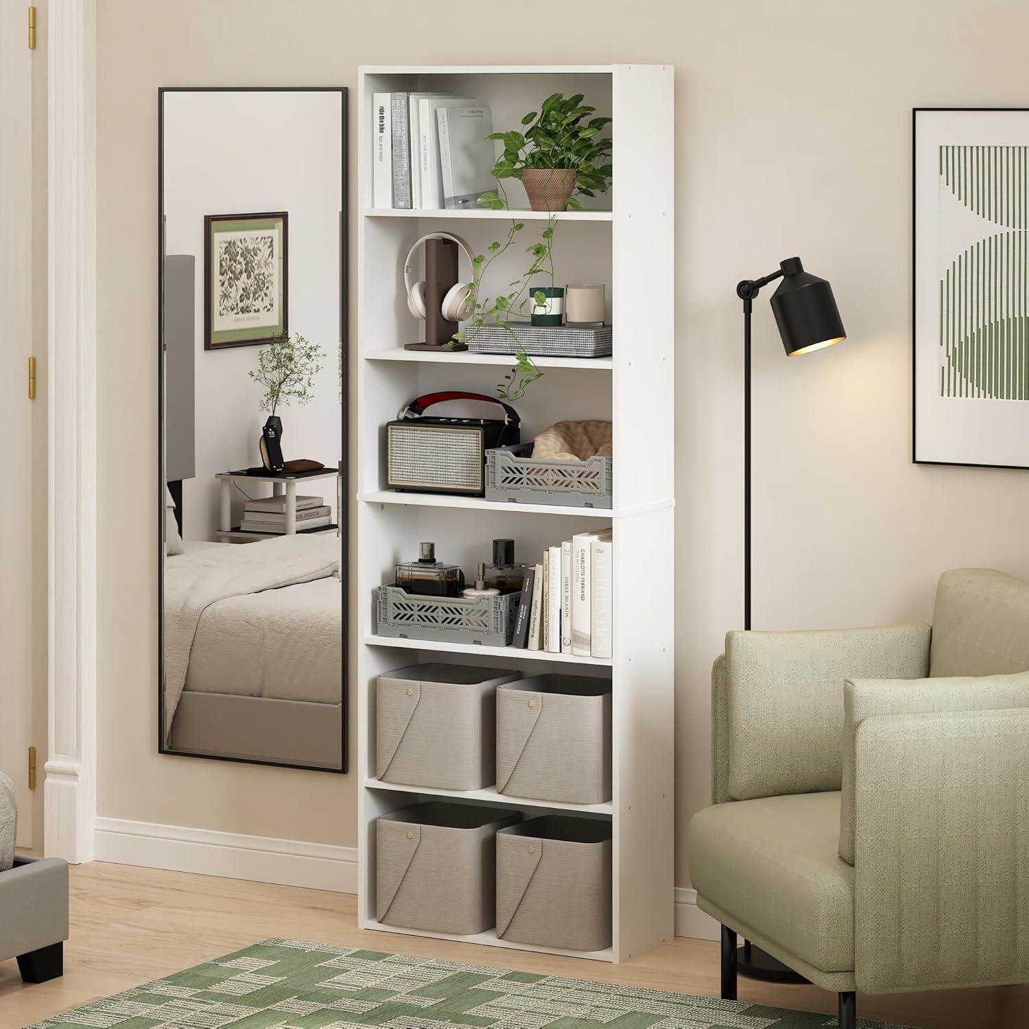 White Tall 6-Tier Open Storage Bookcase