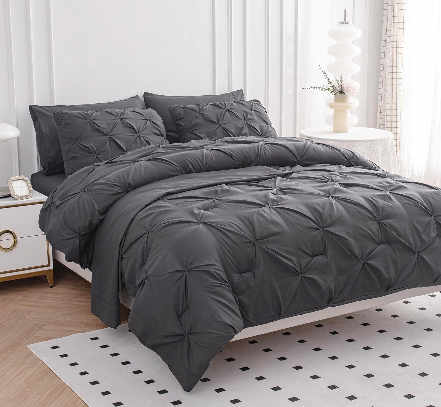 King Size Comforter Set - Bedding Set King 7 Pieces, Pintuck Bed in a Bag Grey Bed Set with Comforter, Sheets, Pillowcases & Shams
