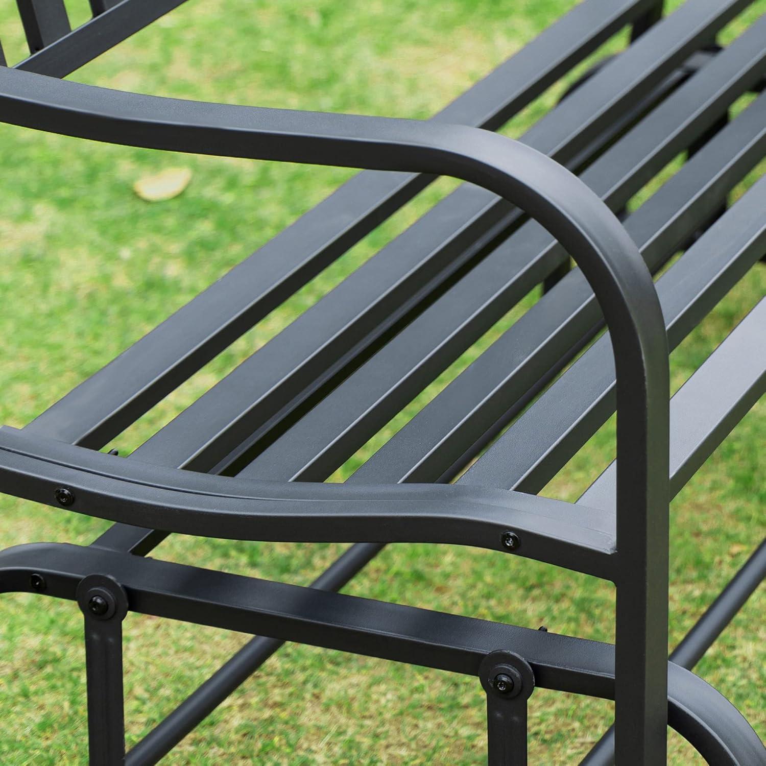 Outdoor Loveseat Glider Bench with Curved Armrests in Powder-Coated Black Steel