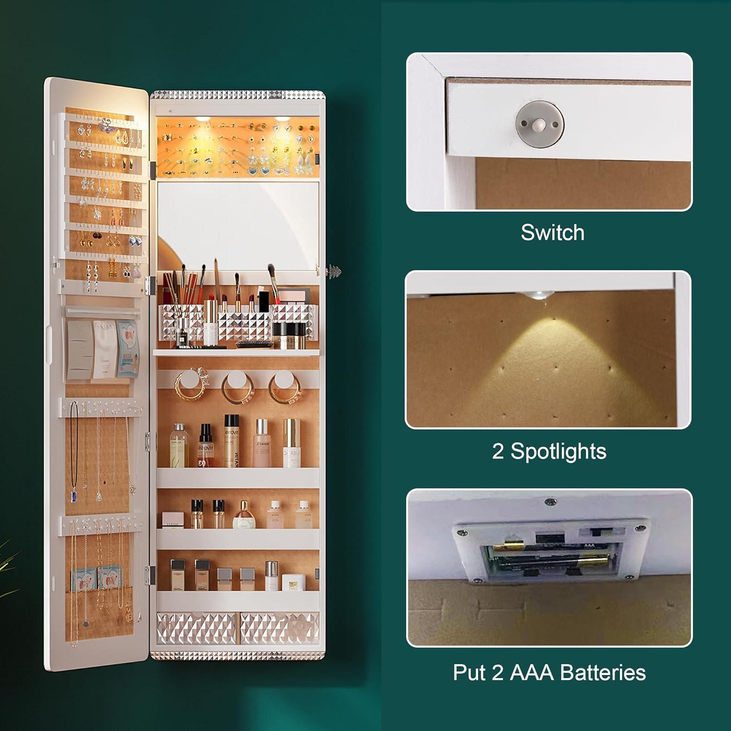 Hokku Designs LED Mirror Jewelry Cabinet,47.2" Wall Mounted Jewelry Organizer with Full-Length Mirror,Over The Door Hanging Jewelry Armoire Storage Cabinet,Folding Dresser,2 Drawers,Lockable, 3 Shelves(White)