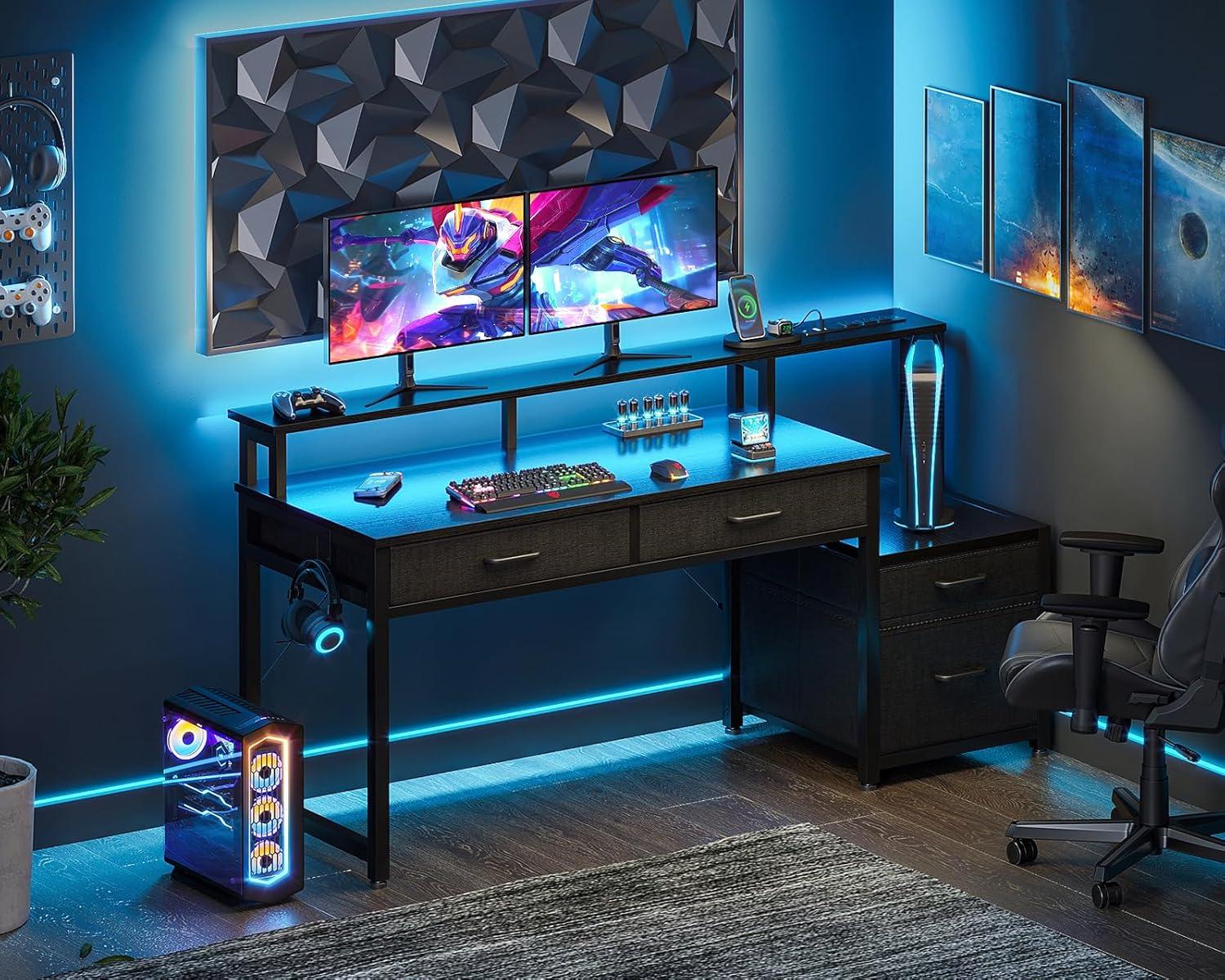 FETON 55-Inch Computer Desk with File Cabinet and Fabric Drawers, Reversible Office Desk with LED Strip and Power Strip, Gaming Desk with Monitor Riser, Writing/Study Table for Home, Black