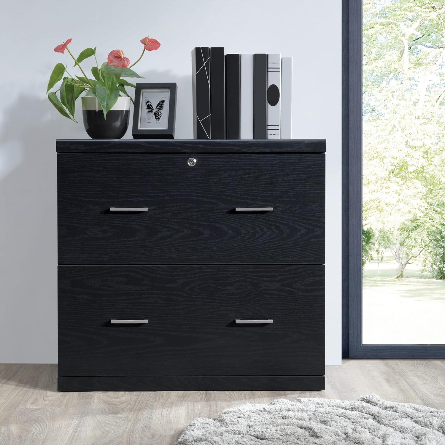 Black Engineered Wood 2-Drawer Lockable Lateral File Cabinet