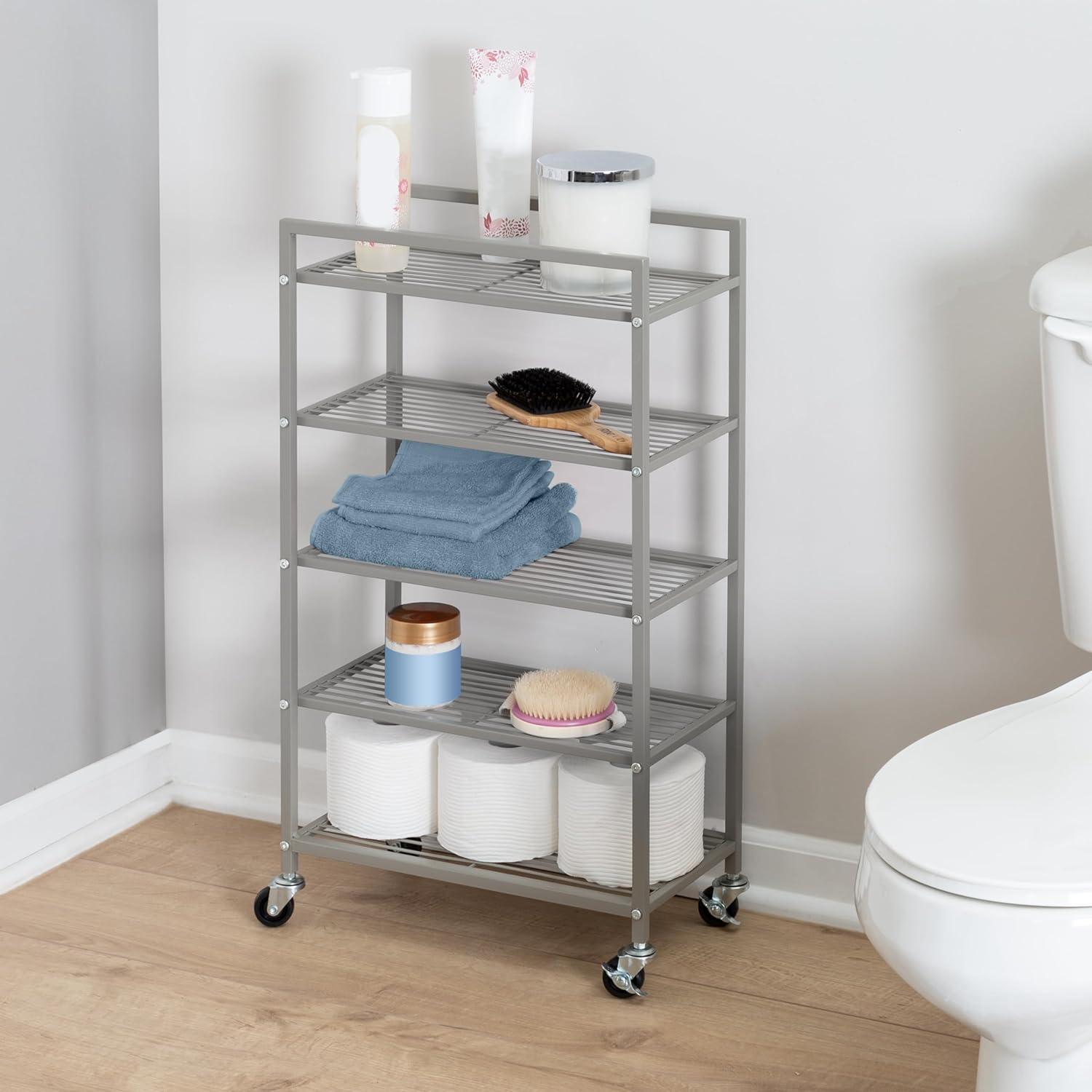 Honey-Can-Do 5-Tier Rolling Bathroom Steel Storage Cart Silver: Space-Saving Organizer, Fixed Shelves, with Anti-Tip Hardware