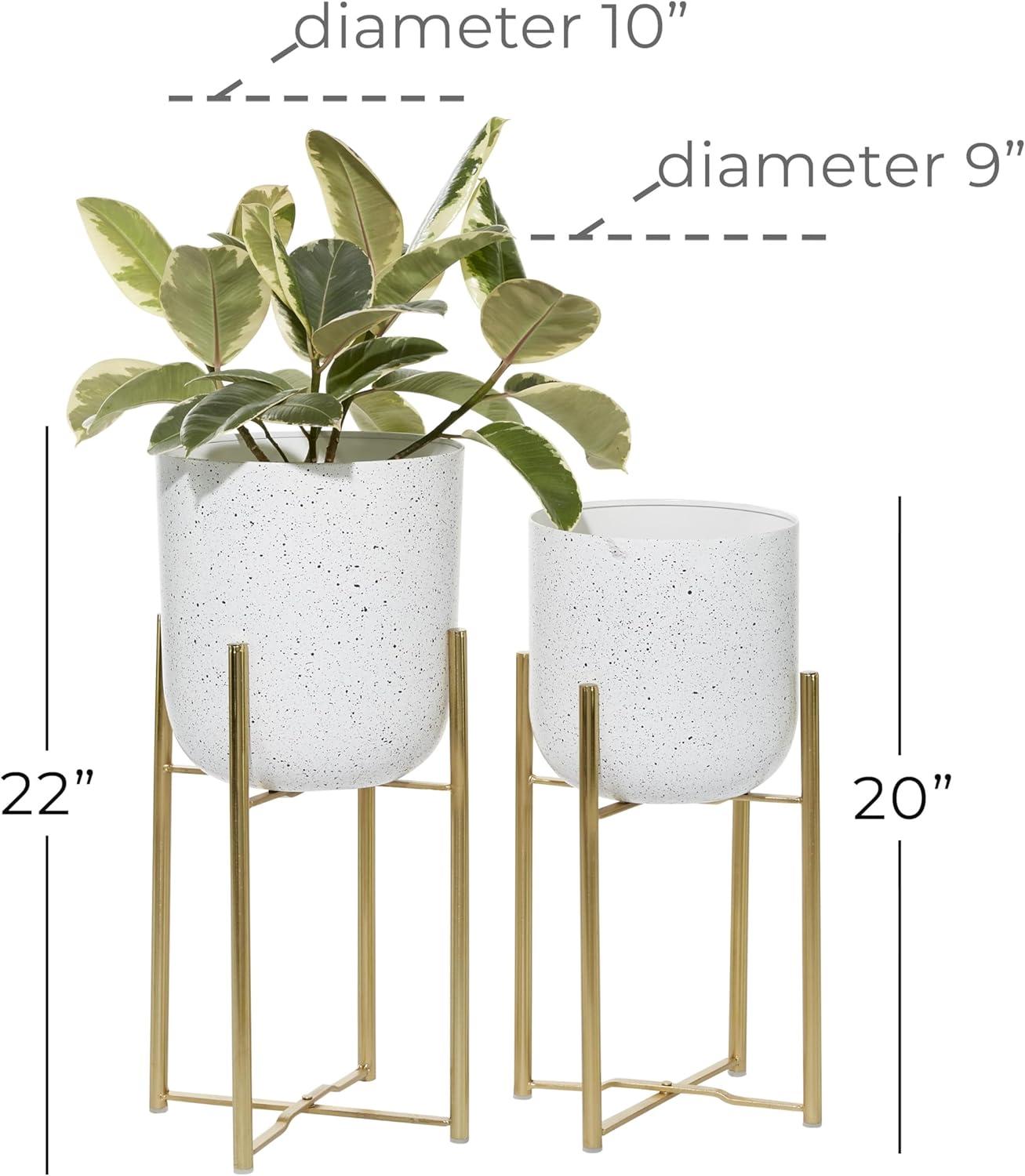 DecMode 22", 19"H Deep Dome Speckled White Metal Planter with Gold Stands (2 Count)