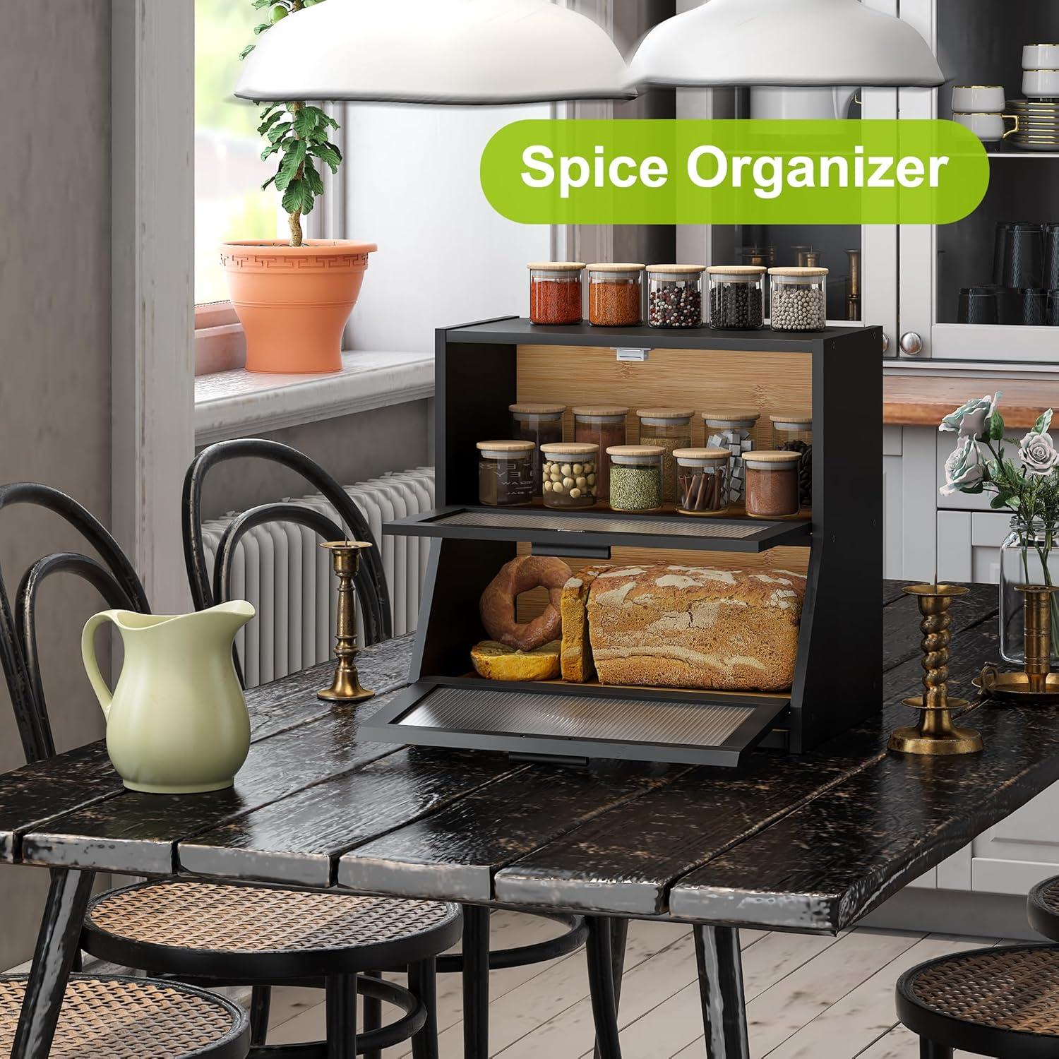 Prep & Savour Large Bread Box For Kitchen Counter, Bamboo Wooden Double Layer Large Capacity Bread Storage Bin With Acrylic Wavy Door Panel (Natural + Cutting Board)