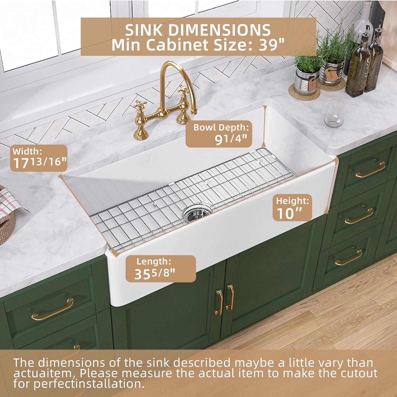 TUKTUK White Farmhouse Sink 36 inch Fireclay Farm Sink Apron Front Single Bowl Kitchen Sinks Deep Large Capacity Porcelain Ceramic Sink Undermount Luxury Bottom Grid & Strainer Drain Included