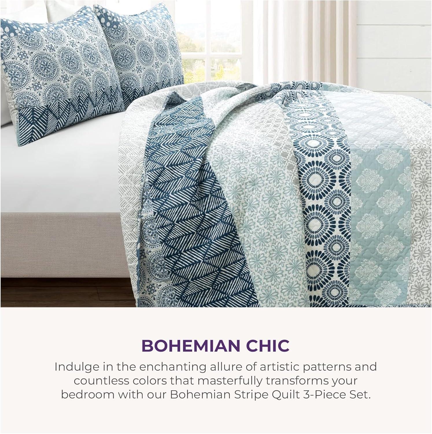 3pc Bohemian Stripe Reversible Oversized Cotton Quilt Bedding Set - Lush Décor