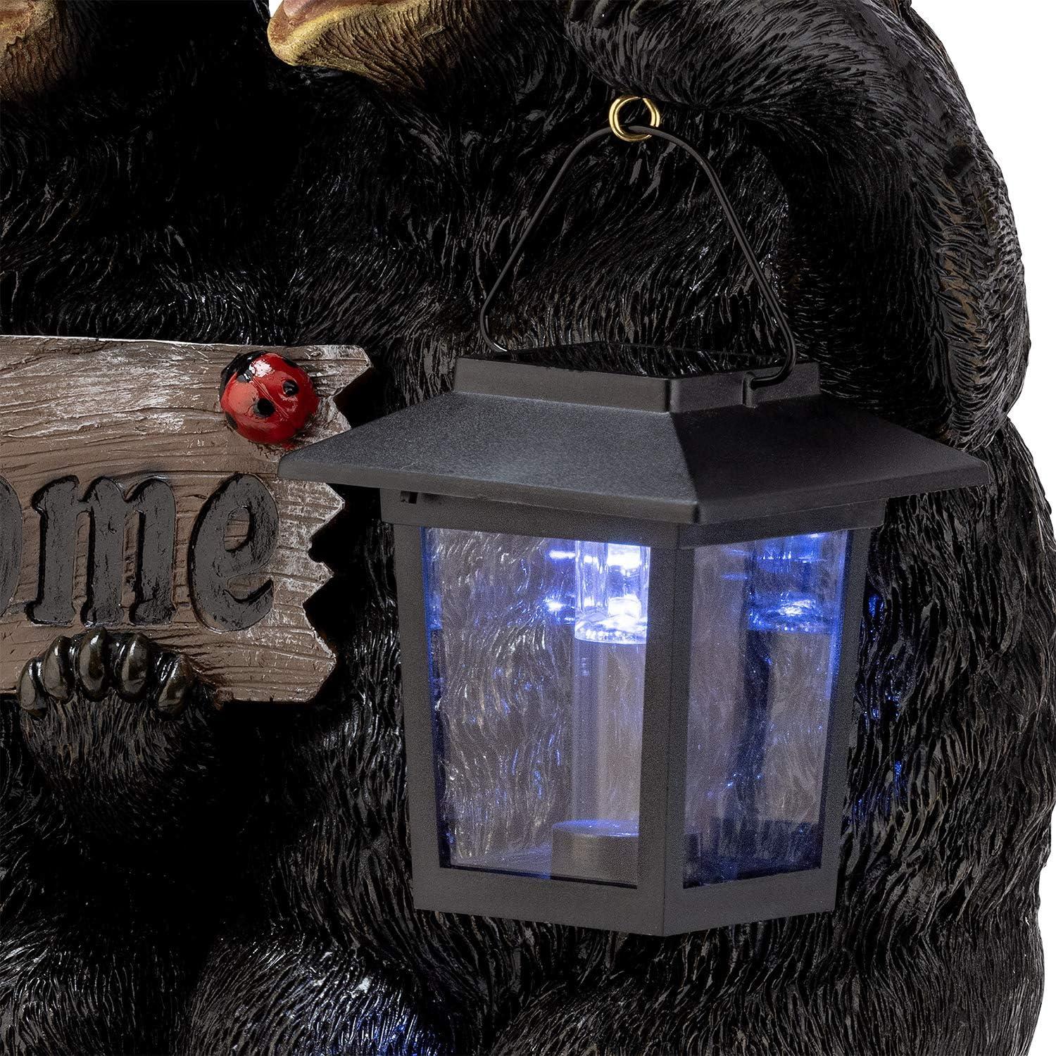 Alpine Corporation 15" Tall Outdoor Bear Couple with Lantern and Welcome Sign Statue with Solar LED Light Yard Art Decoration