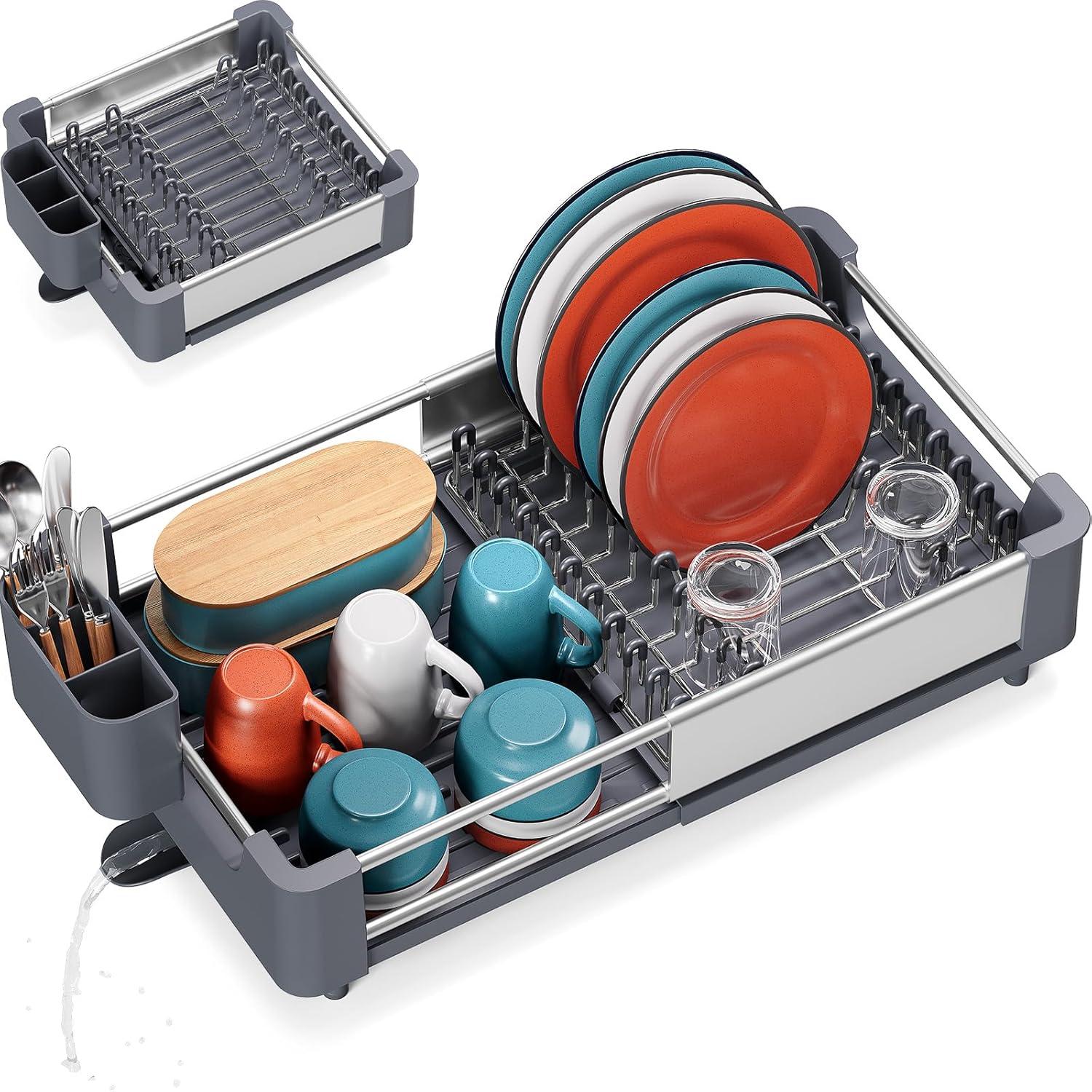 TOOLF Extendable Dish Rack, Dual Part Dish Drainers with Non-Scratch and Movable Cutlery Drainer and Drainage Spout, Adjustable Dish Drying Rack for Kitchen, 1 Piece White