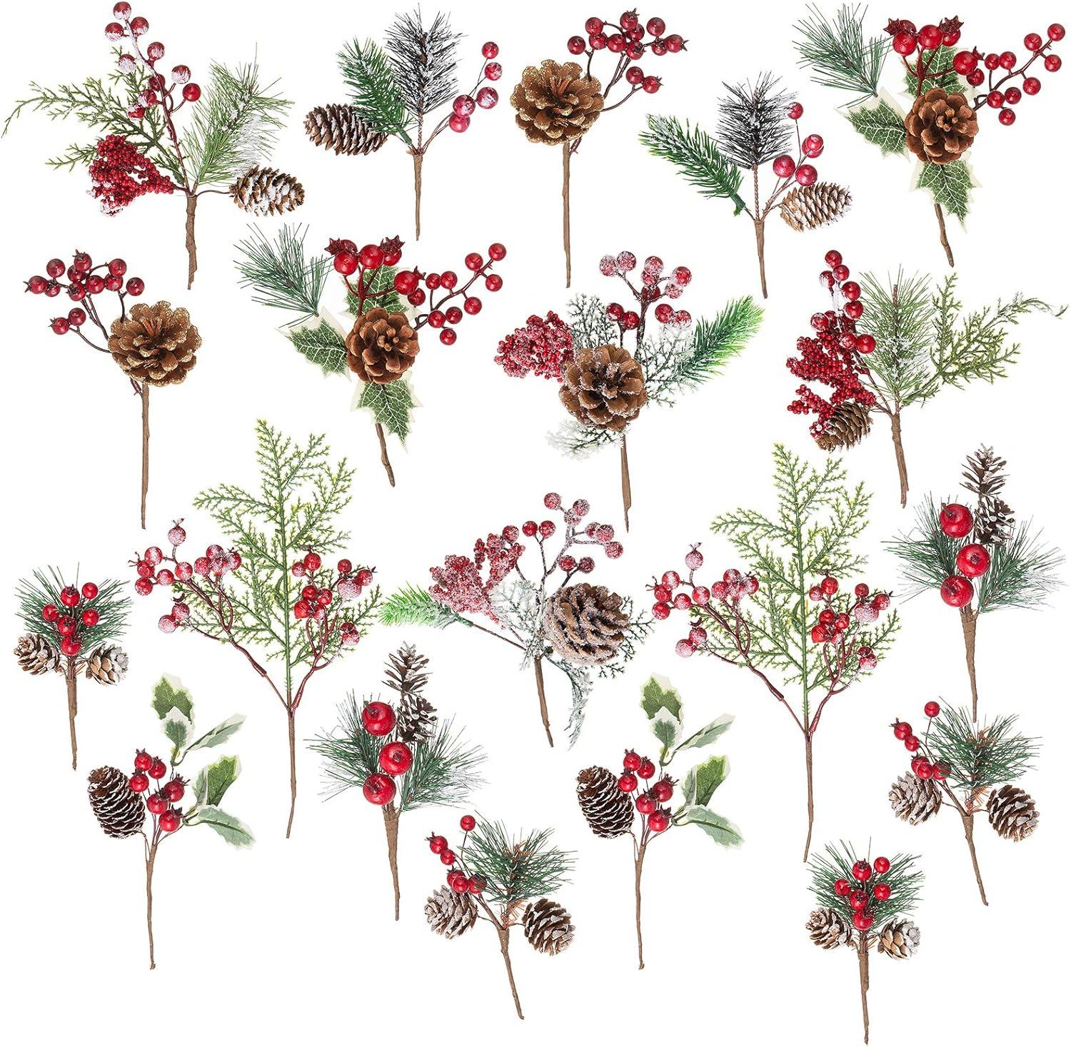 Assorted Red Berry Pine and Pinecone Christmas Picks Set