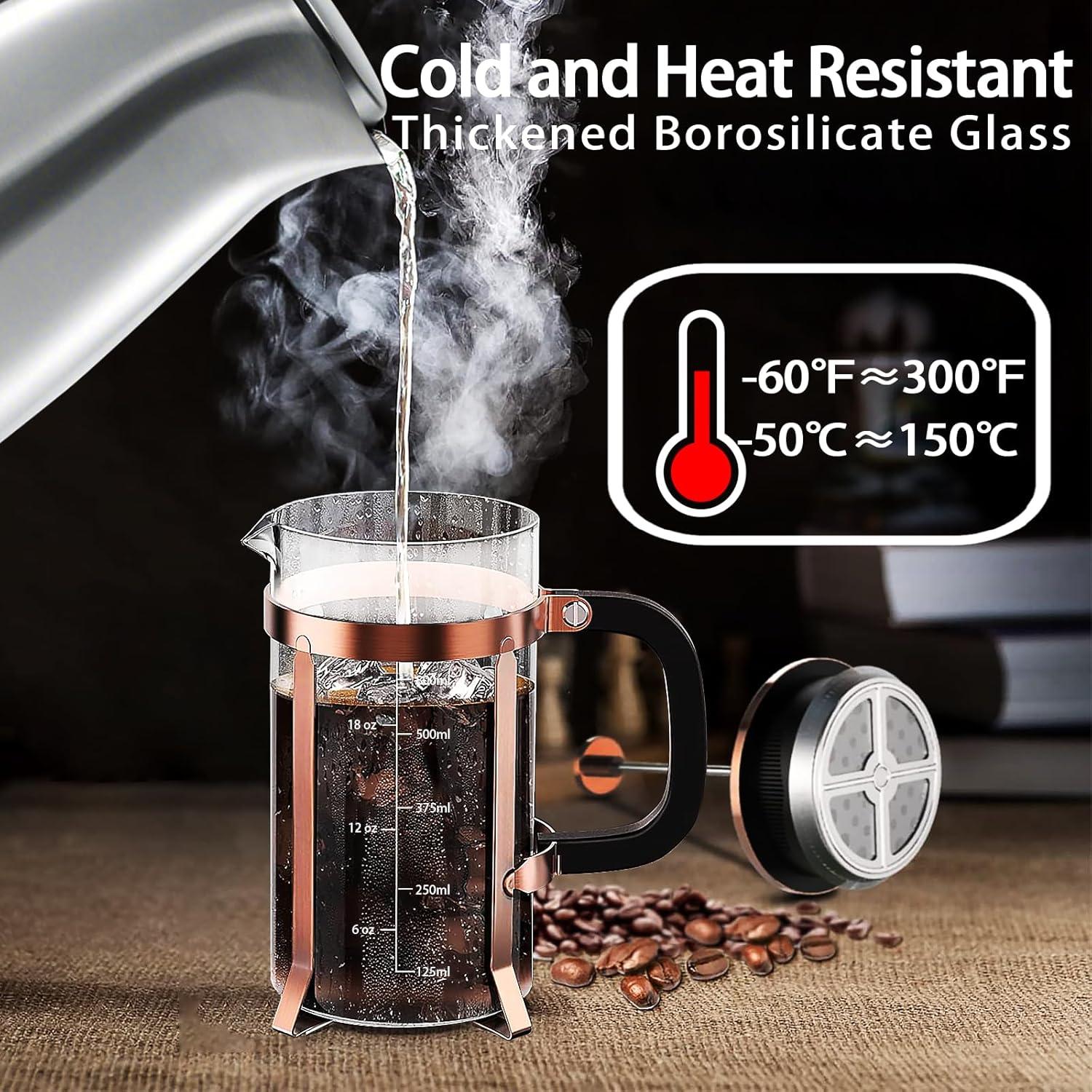 French Press Coffee Maker (21oz 600ML 3-4Cup) Coffee Press, with 4 Filters System, Heat Resistant Thickness Borosilicate Glass, Cold Brew Coffee Tea Pot Gifts (Copper)