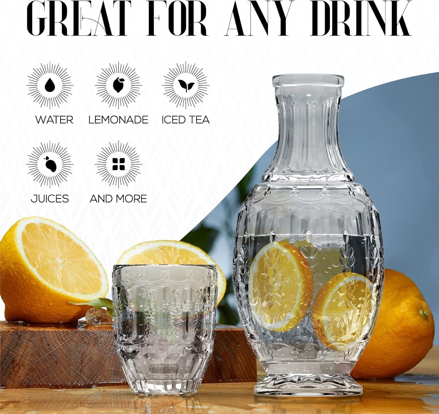 Elle Décor Vintage Night Bedside 33 oz. Water Carafe With Tumbler, 2-Piece Set,Clear