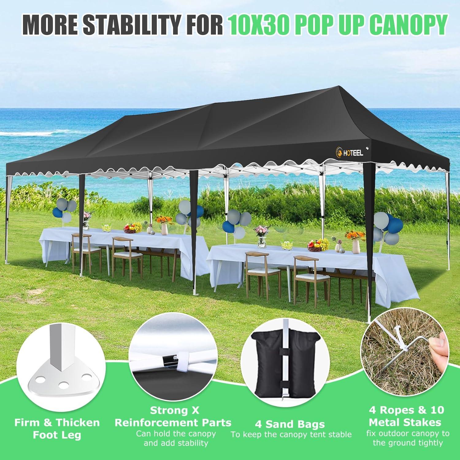 HOTEEL 10x30 Pop Up Canopy Tent with 8 Sidewalls,Heavy Duty Wedding Event Tents,Party Gazebo with Roller Bag,UPF 50+ Windproof Waterproof,Black