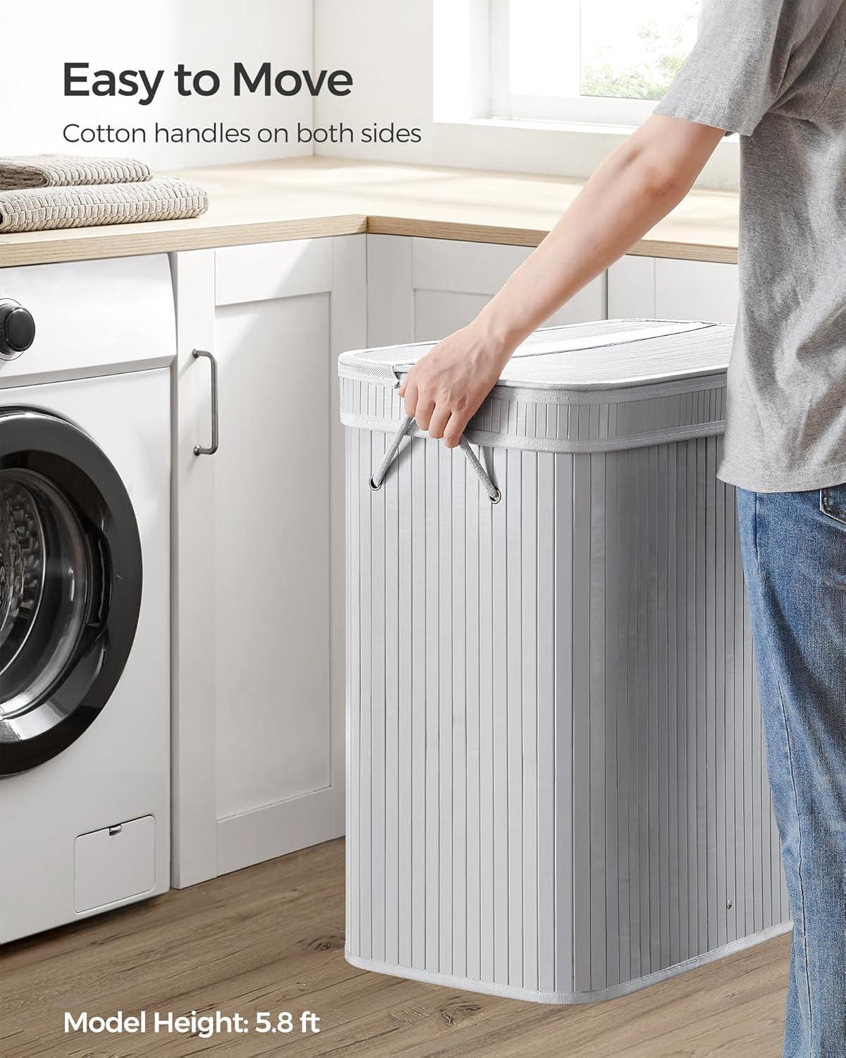 100L Laundry Hamper with Lid Bamboo Laundry Basket with Liner Bag Foldable Storage Hamper with Handles Gray