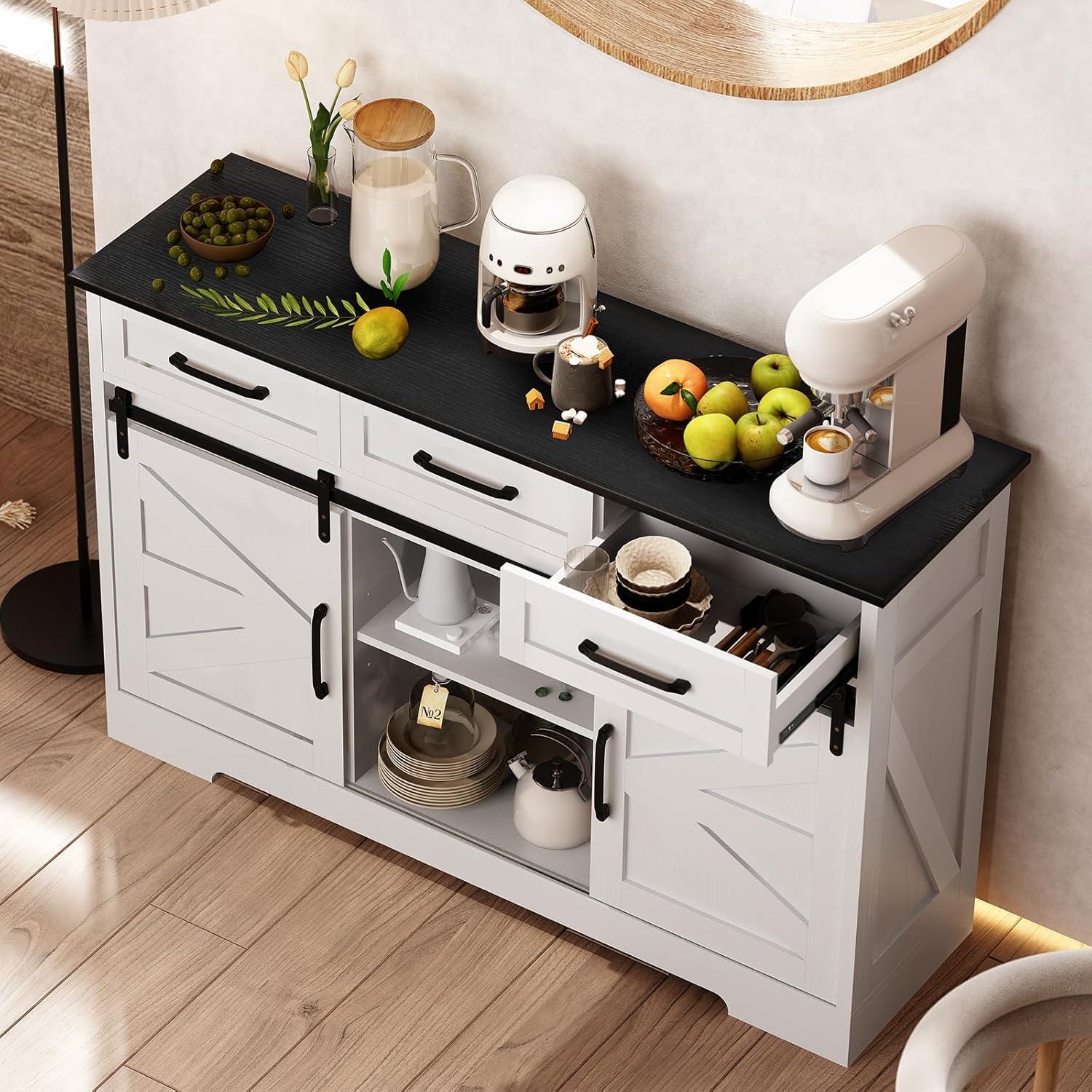 White Farmhouse Wood Sideboard Buffet Cabinet with Sliding Barn Door