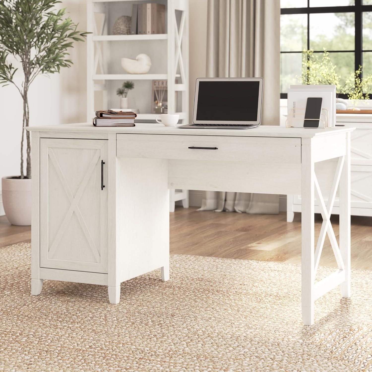 Linen White Oak 54" Cabinet Desk with Keyboard Tray & Storage