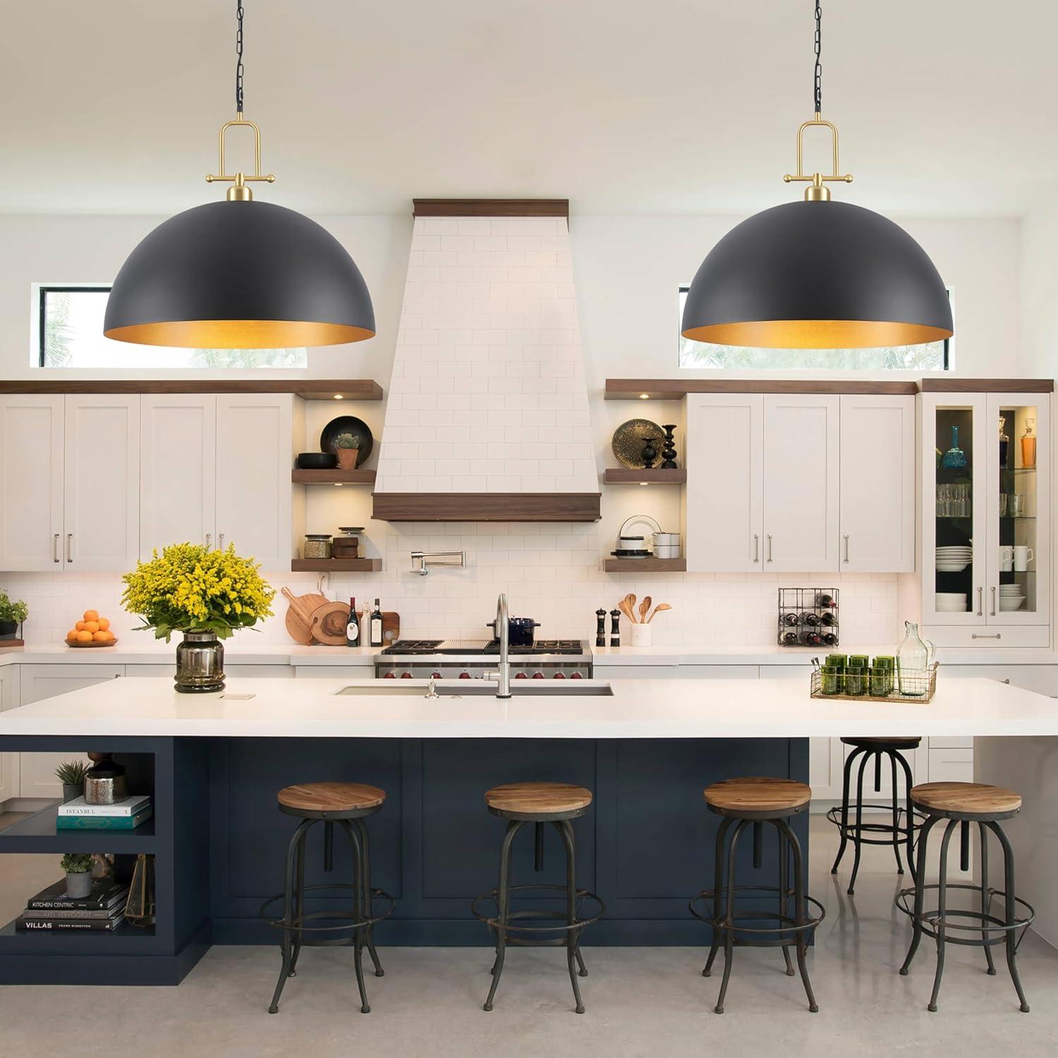 Everly Quinn 17.7" Farmhouse Vintage Black And Gold Pendant Light - Dome Chandelier For Kitchen Island, Dining Room, Hallway