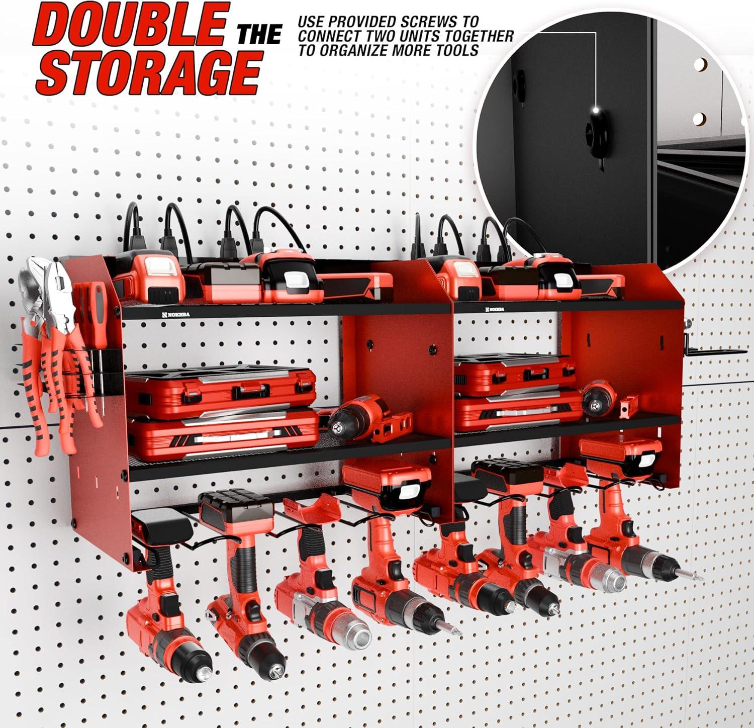 Modular Power Tool Organizer Wall Mount and Tool Charging Station. Garage 4 Drill Storage Shelf with Hooks, Heavy Duty Drill Holder Wall Mount, Tool Battery Holder Built in 8 Outlet Power Strip
