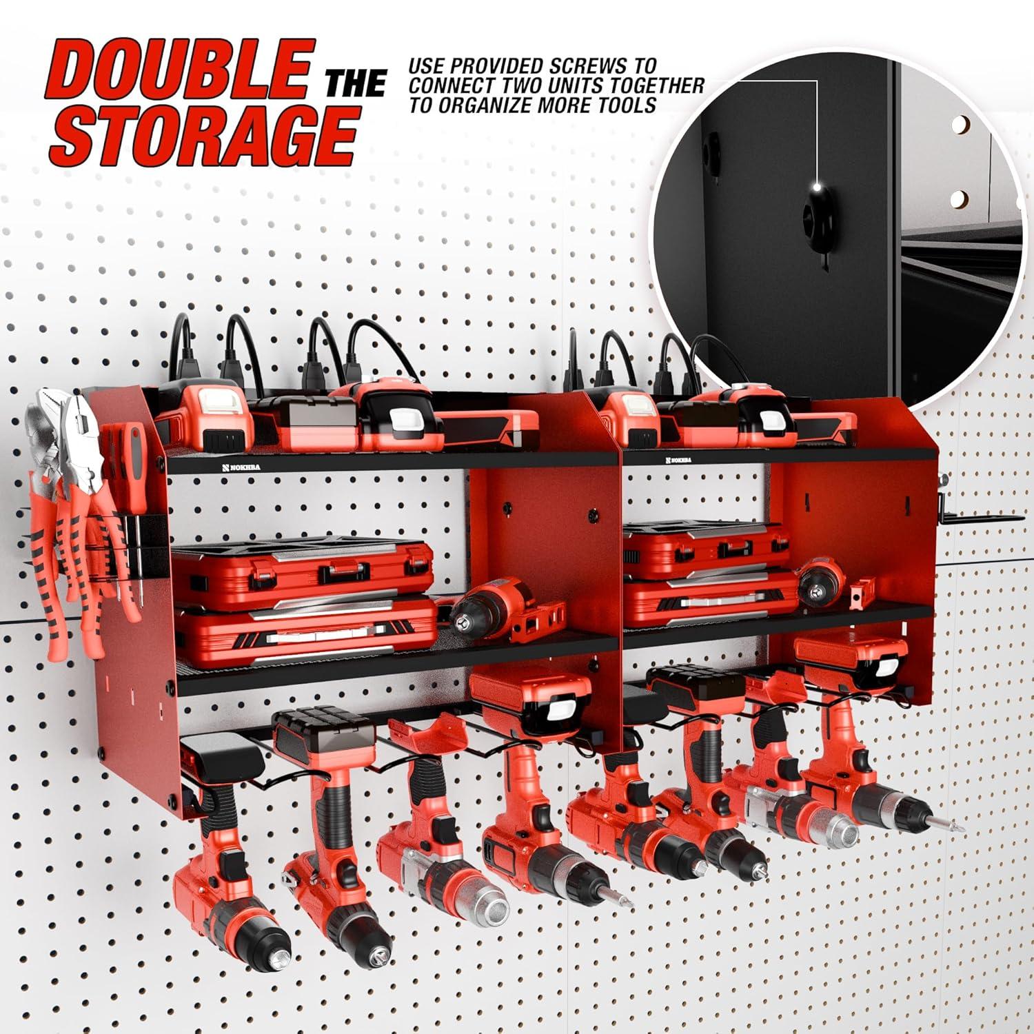 Modular Power Tool Organizer Wall Mount and Tool Charging Station. Garage 4 Drill Storage Shelf with Hooks, Heavy Duty Drill Holder Wall Mount, Tool Battery Holder Built in 8 Outlet Power Strip