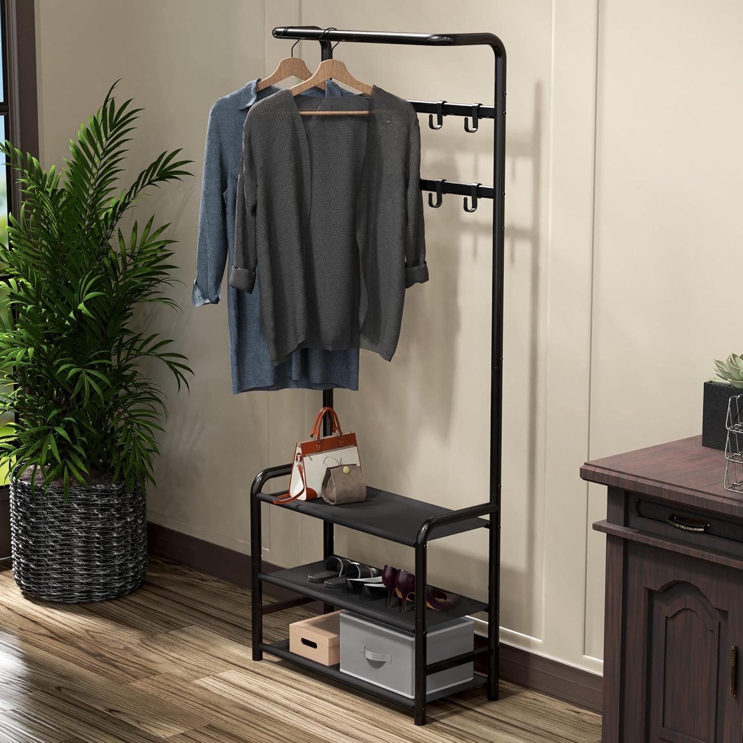 Simple Houseware Coat Rack with Storage Shelf and Shoe Rack for Entryway, Black
