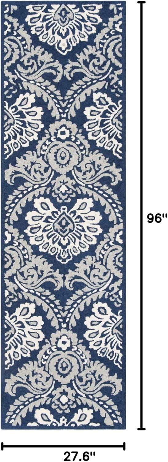SAFAVIEH Blossom Travis Damask Wool Runner Rug, Navy/Ivory, 2'3" x 8'