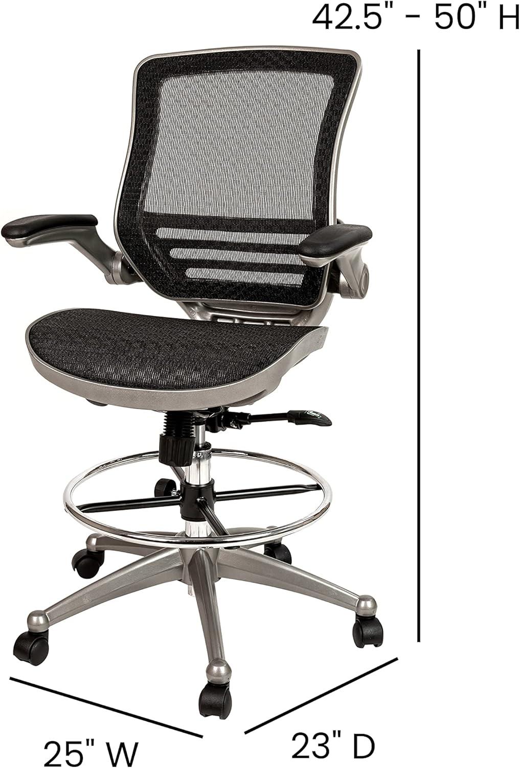 Flash Furniture Mid-Back Transparent Black Mesh Drafting Chair with Graphite Silver Frame and Flip-Up Arms