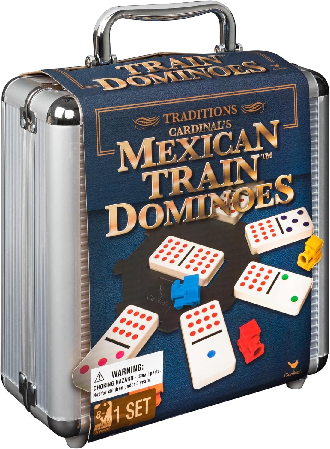 Spin Master Games, Mexican Train Dominoes Set Tile Board Game in Aluminum Carry Case Games with Colorful Trains for Family Game Night, for Adults & Kids Ages 8+