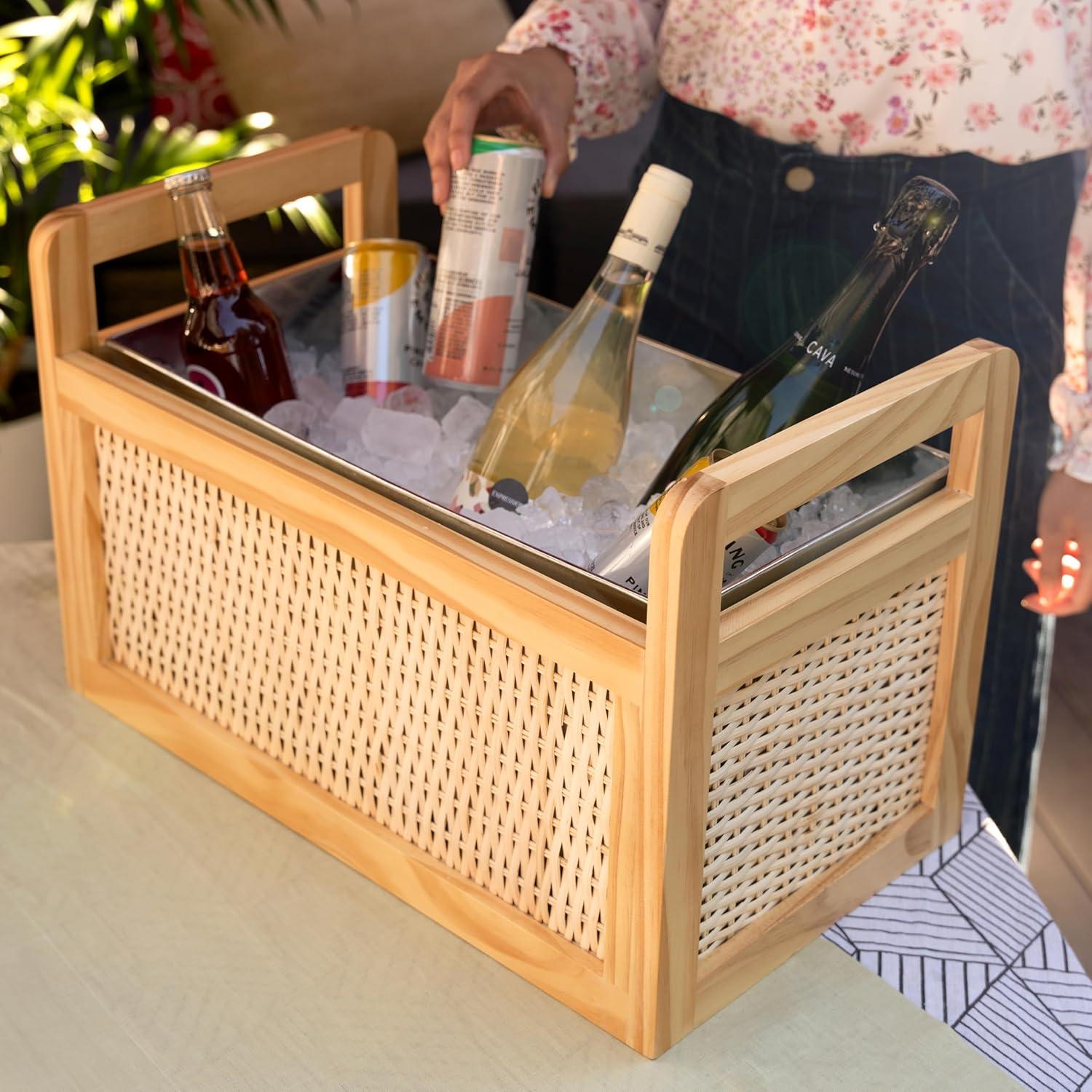 Twine Rattan and Wood Bottle Cooler Basket, Beverage Tubs for Parties, Beverage Chiller Ice Bucket for Drinks with Handles, Holds 8 Wine Bottles or 6.5 Gallons Set of 1