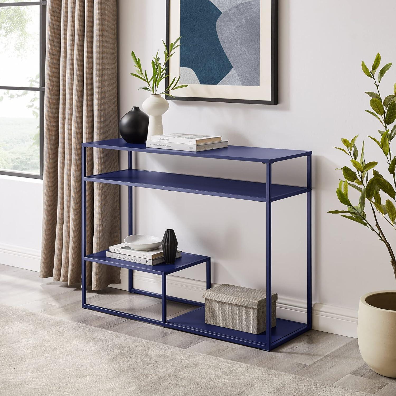 42" Metal and Wood Console Table with Tiered Shelves - Blue