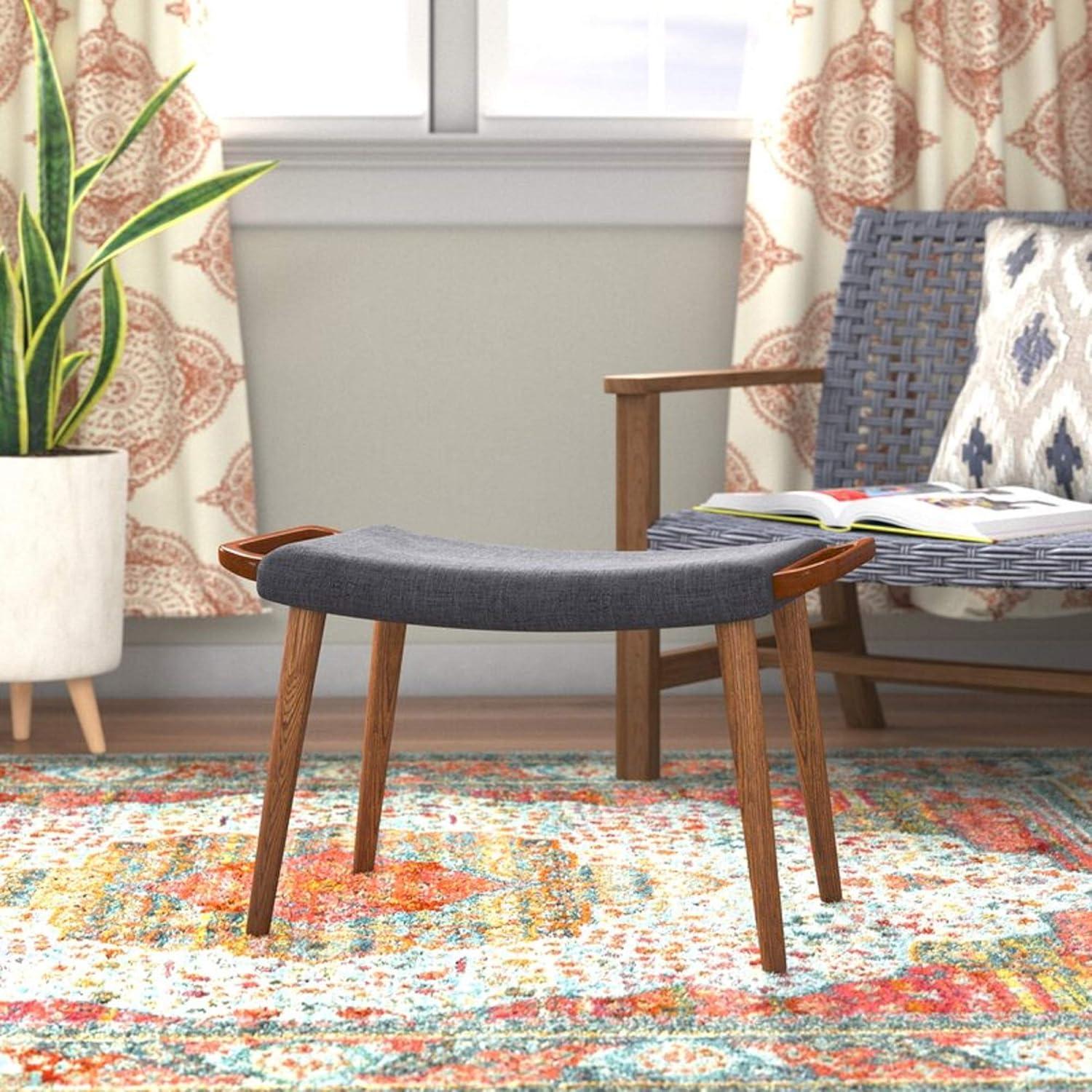 Manhattan Comfort Geta Ottoman Charcoal: Upholstered Linen Footstool, Ash Wood Legs, No Assembly Required