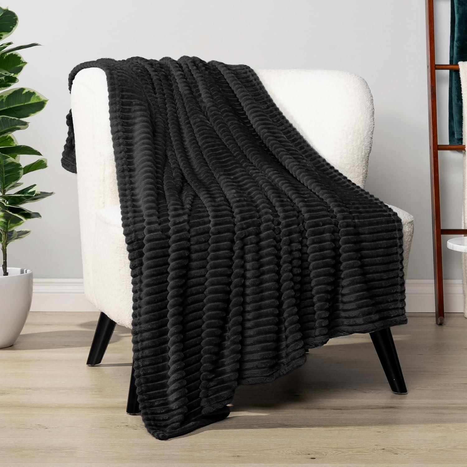 PAVILIA Super Soft Fleece Flannel Ribbed Striped Throw Blanket, Luxury Fuzzy Plush Warm Cozy for Sofa Couch Bed