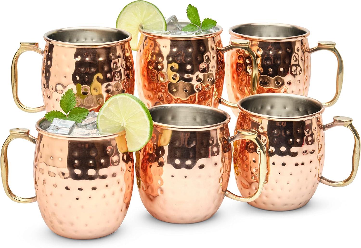 Set of 6 Hammered Copper Moscow Mule Mugs with Brass Handles