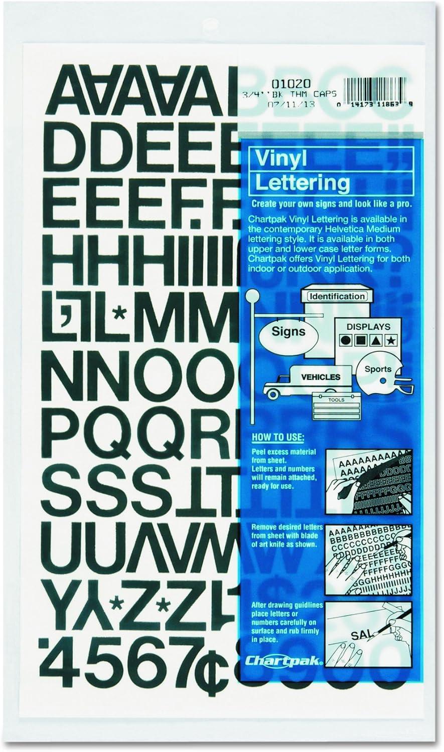 Chartpak Self-Adhesive Vinyl Capital Letters and Numbers, 3/4 Inches High, Black, 94 per Pack (01020)