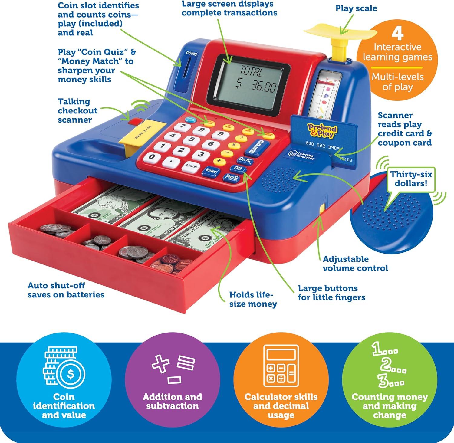Learning Resources Pretend & Play Teaching Cash Register, Counting Activities, Play Cash Register, Preschool Toys, Ages 3, 4, 5+