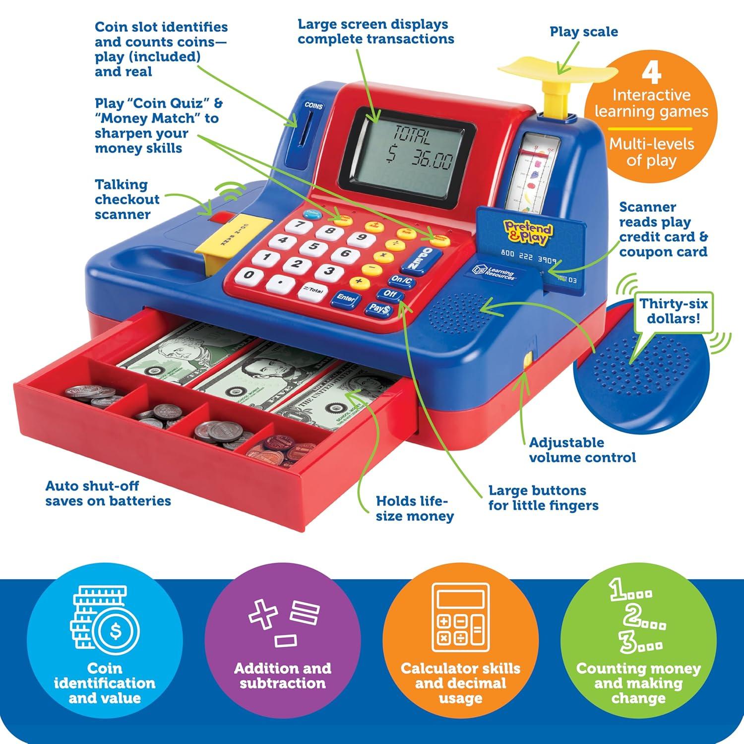 Learning Resources Pretend & Play Teaching Cash Register, Counting Activities, Play Cash Register, Preschool Toys, Ages 3, 4, 5+