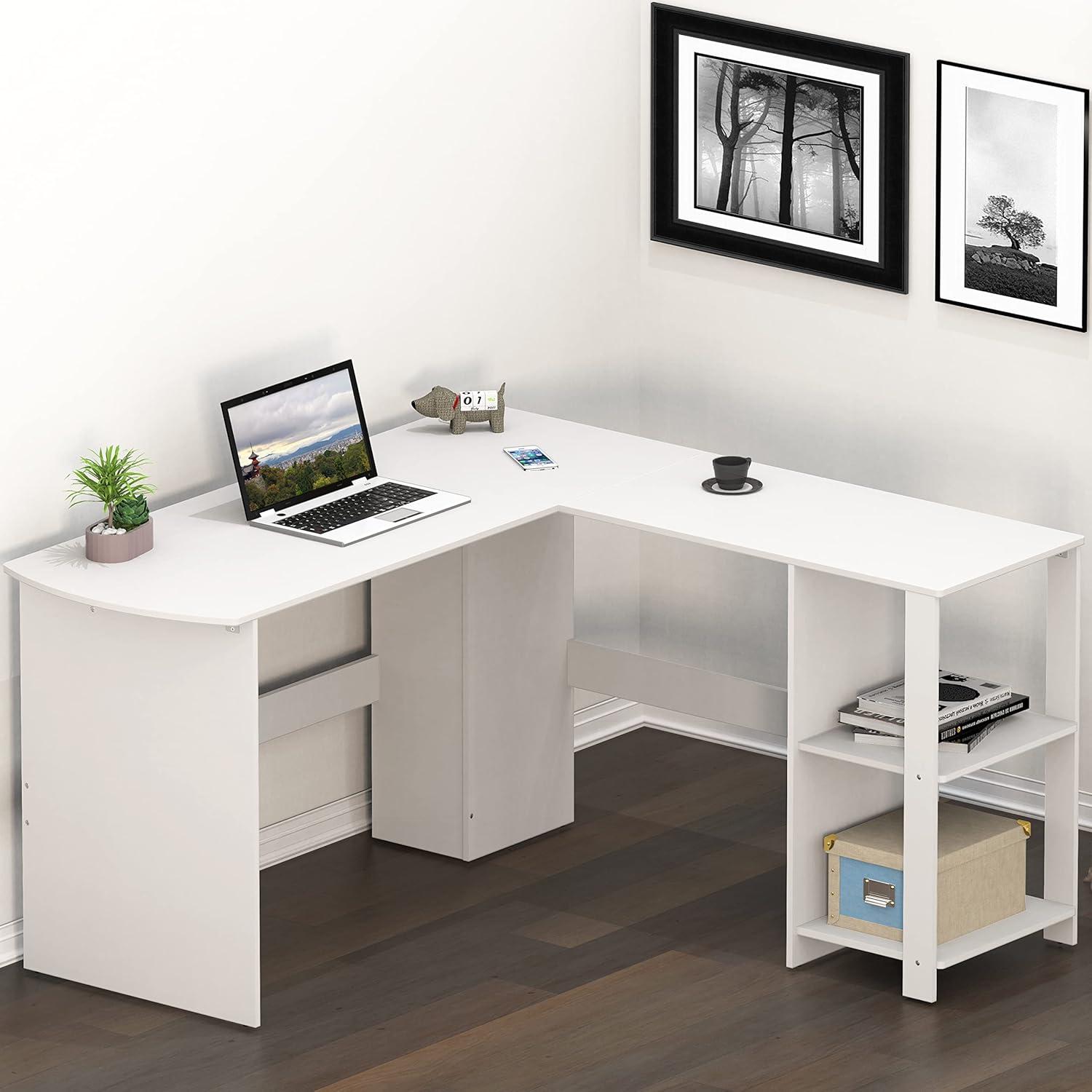 White L-Shaped Walnut Wood Corner Computer Desk with Drawer