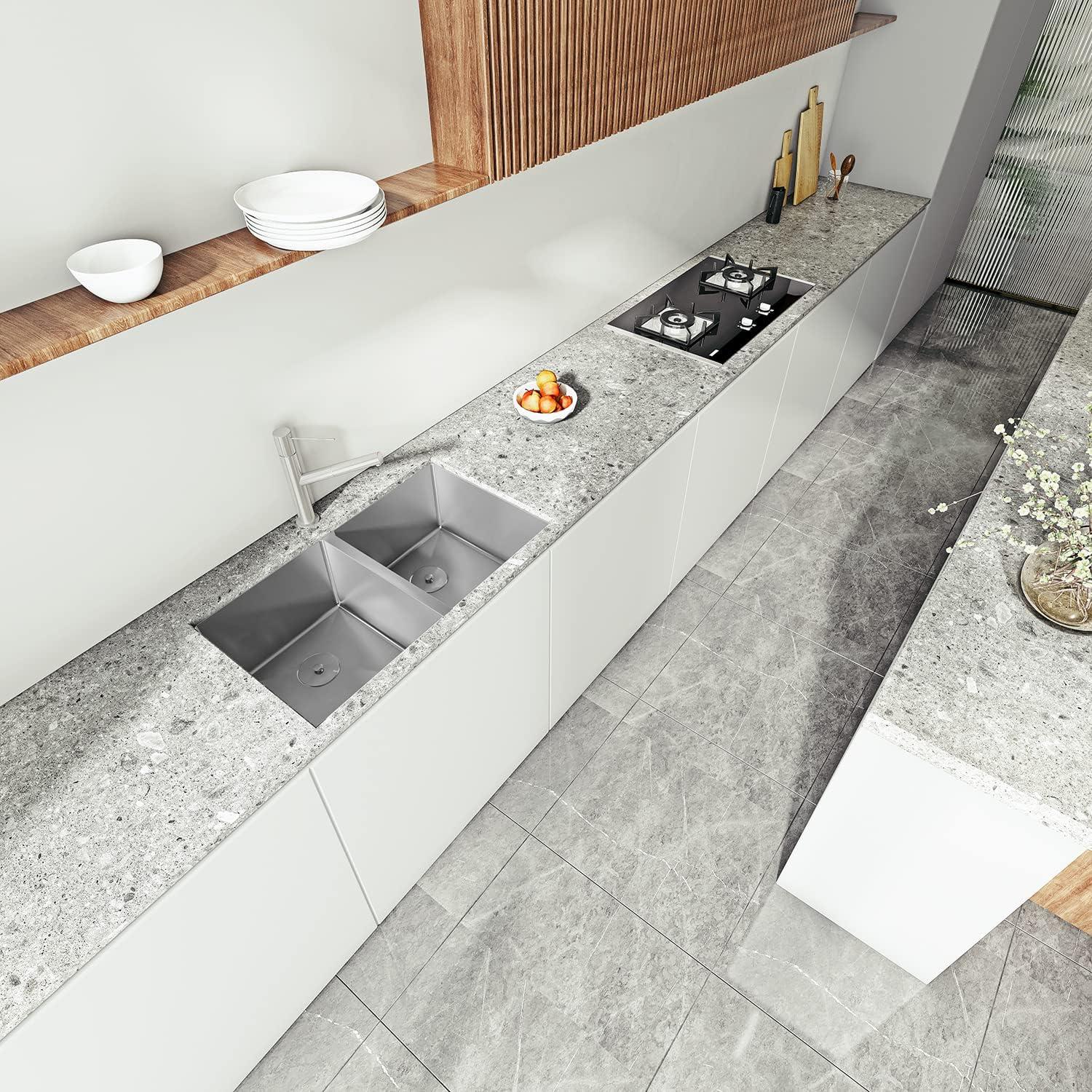 Sinber 32" x 19" Undermount Double Bowl Kitchen Sink with 18 Gauge 304 Stainless Steel Satin Finish