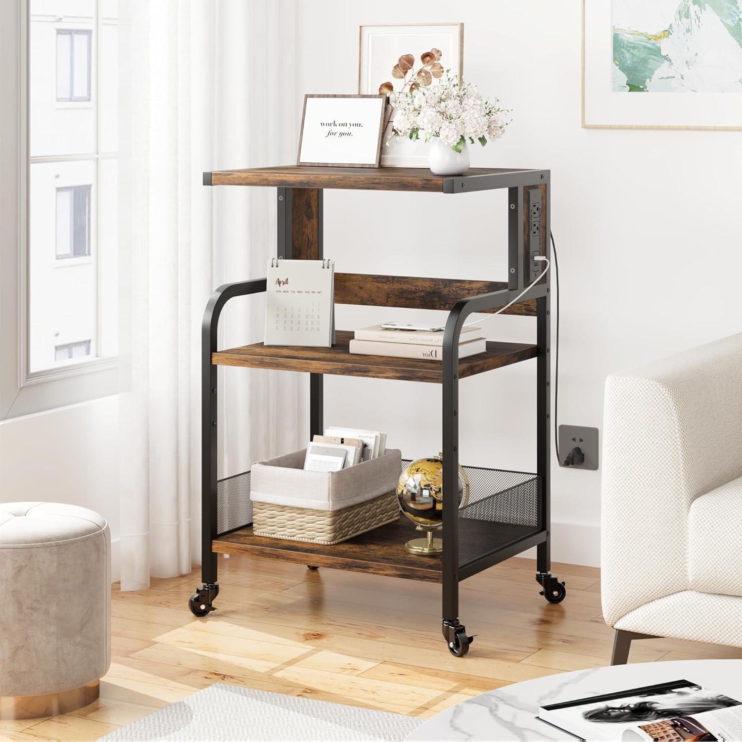 Danolapsi Printer Stand with Storage Shelf,Printer Cart Large Printer Table with USB Charging Ports and Power Outlets,3 Tier Printer Stand with Storage and Wheels,Metal Frames & Wooden Laminate Shelve