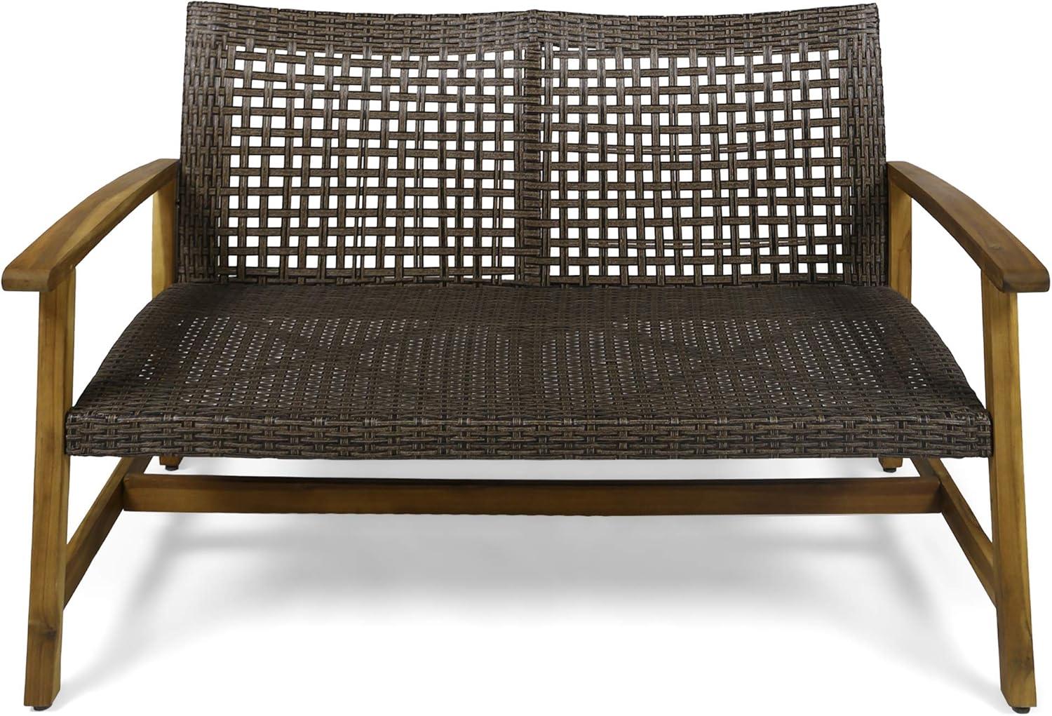 Natural Acacia Wood and Mocha Wicker Outdoor Loveseat