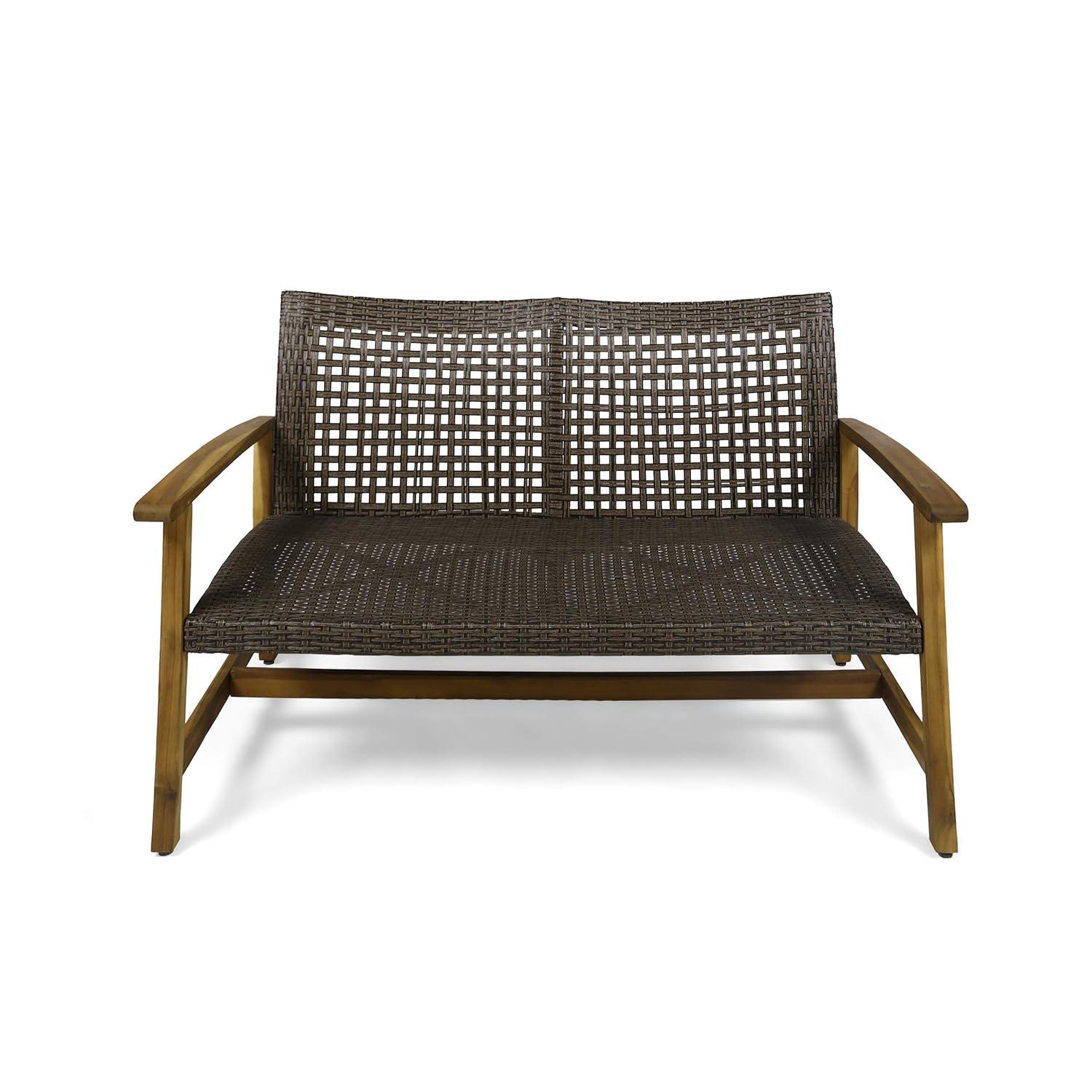 GDFStudio Jean Outdoor Acacia Wood and Wicker Loveseat, Brown/Gray