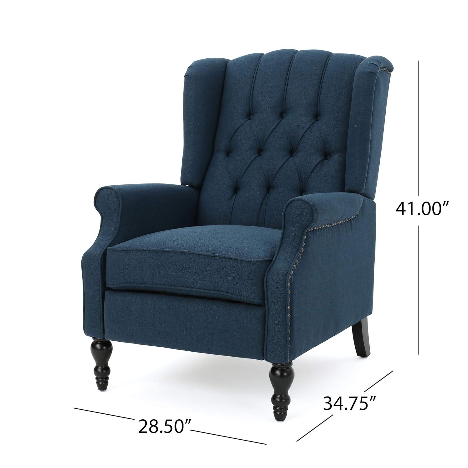 GDF Studio Elizabeth Contemporary Tufted Wingback Pushback Recliner, Navy Blue and Dark Brown, Fabric