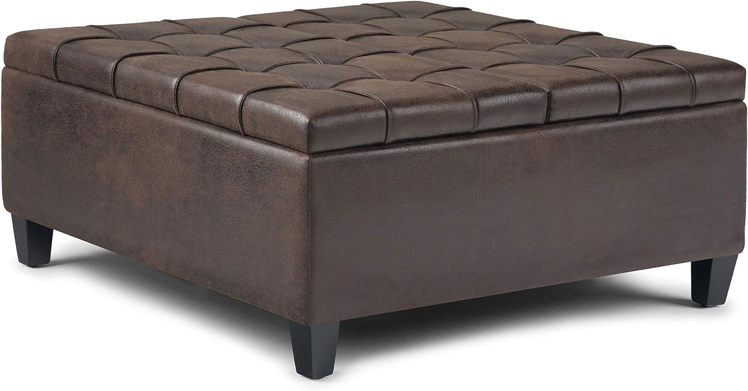 Simpli Home Harrison Coffee Table Storage Ottoman In Distressed Brown Vegan Faux Leather