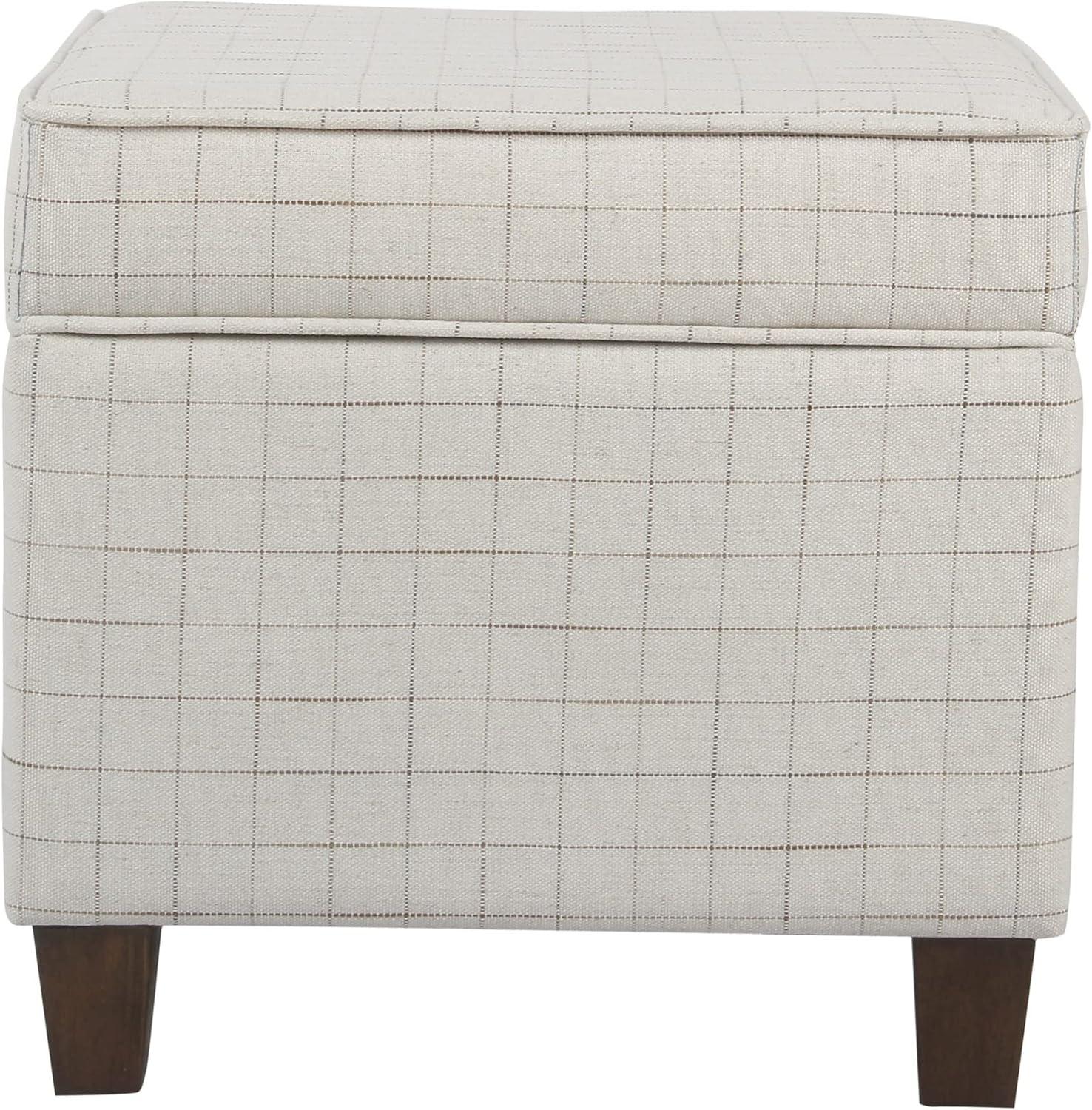 Benzara Wooden Square Ottoman with Grid Patterned Fabric Upholstery and Hidden Storage, Beige and Brown