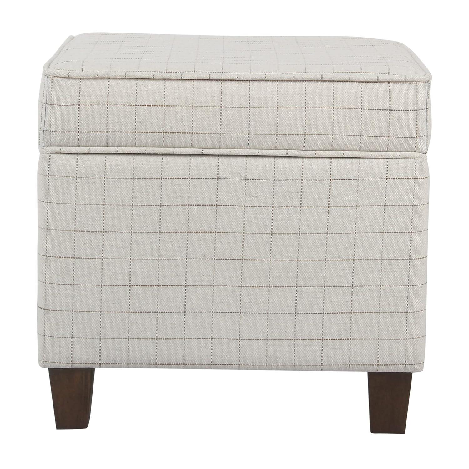 Benzara Wooden Square Ottoman with Grid Patterned Fabric Upholstery and Hidden Storage, Beige and Brown
