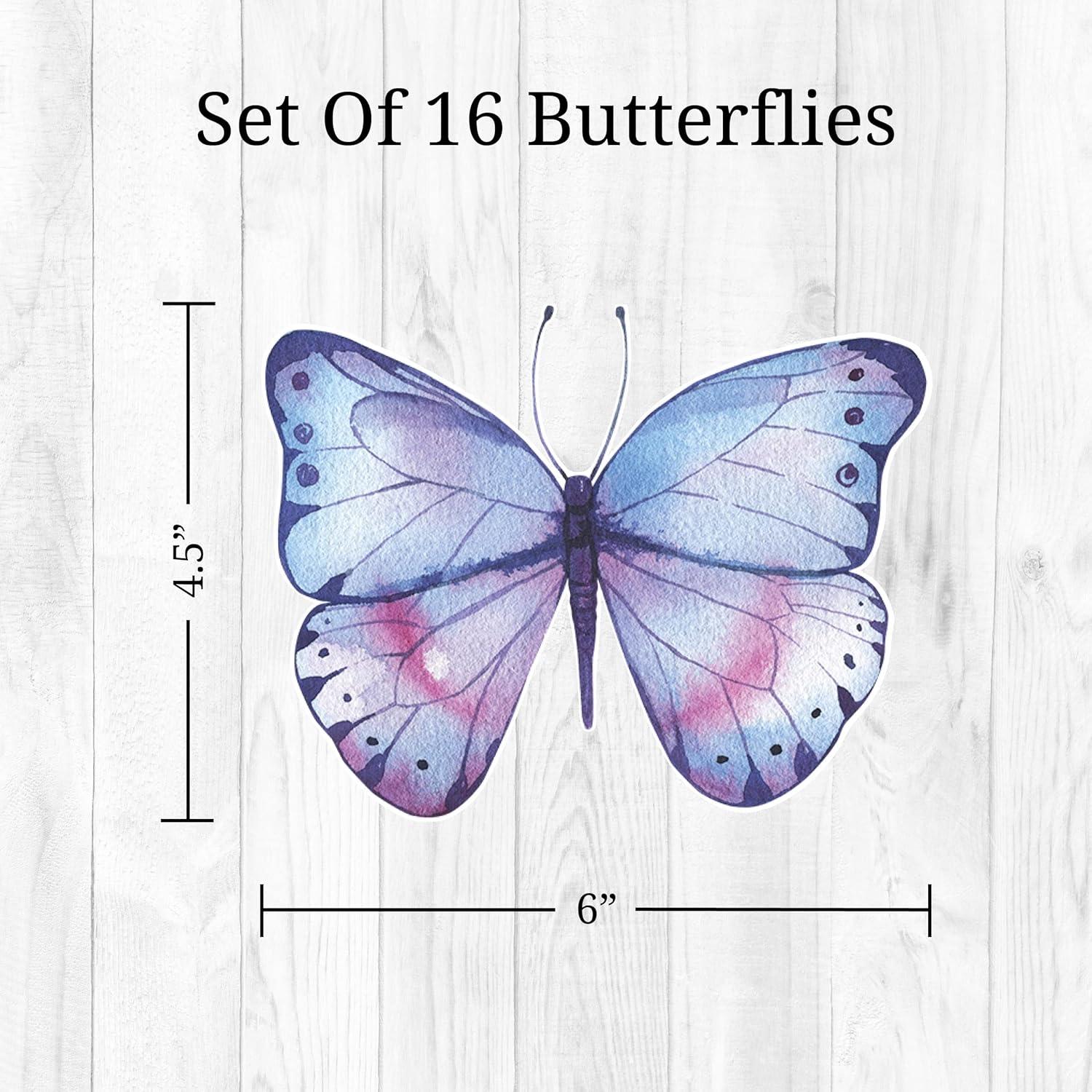 Decalcomania Butterfly Wall Decals - Set of 16 Watercolor Butterflies Wall Stickers for Girls Bedroom Kitchen Bathroom Room Decor Removable Peel and Stick Indoor Décor