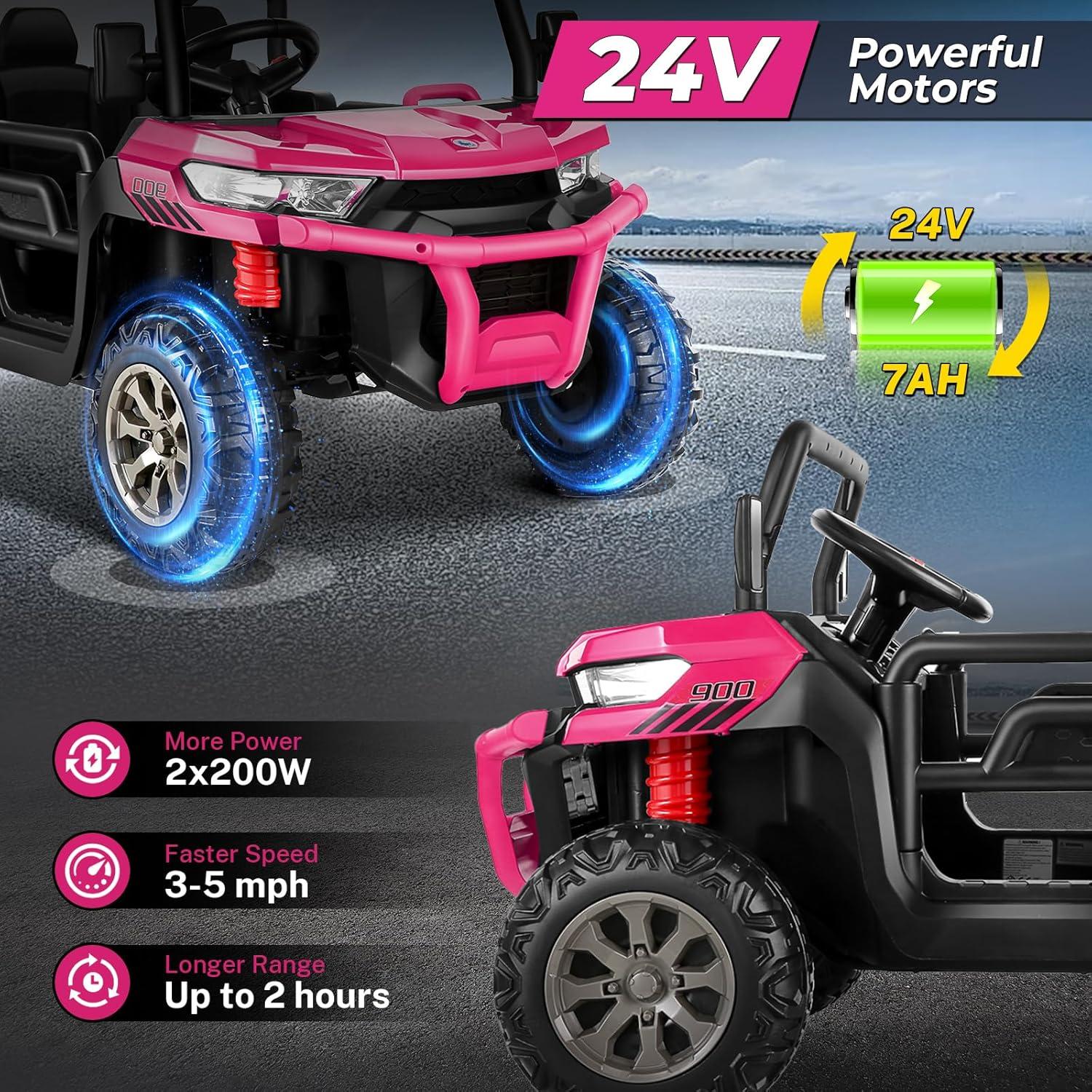 24V Kids Ride on Dump Truck with Remote Control, 2 Seater Powered 4-Wheel UTV Toys, 2x200W Ride on Tractor Car w/ Electric Dump Bed, Shovel, Bluetooth Music, Pink