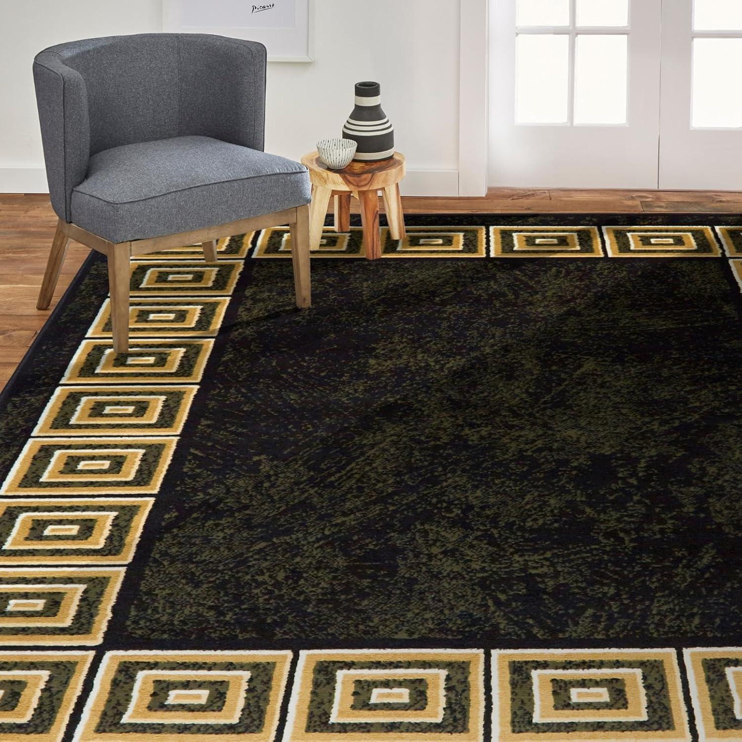 Black and Beige Geometric Border Synthetic Area Rug, 7'8" x 10'4"