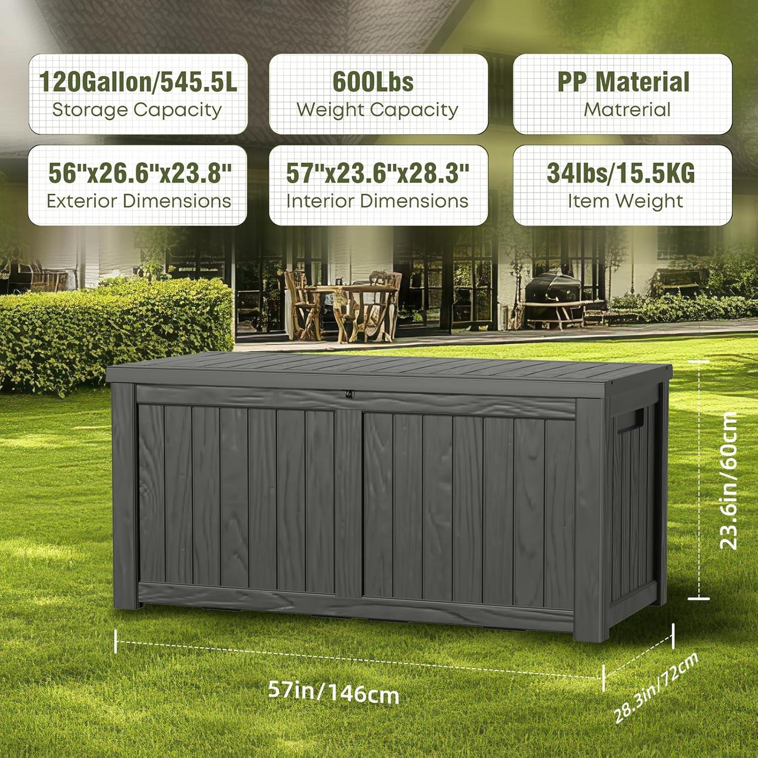 DWVO 120 Gallon Outdoor Storage Patio Deck Box Resin Waterproof Heavy Duty Organizer, Black