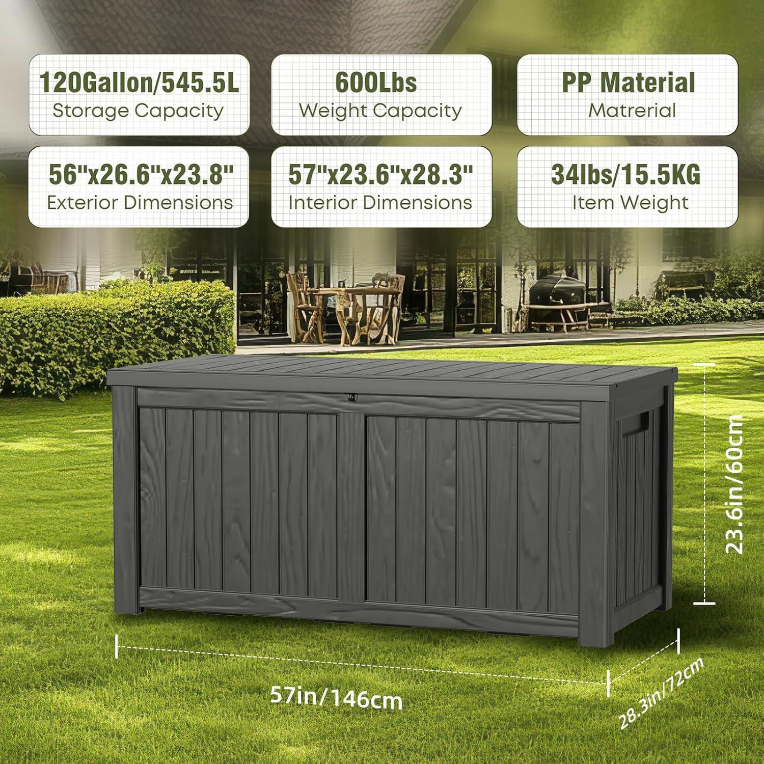 Hokku Designs Waterproof 120 Gallon Large Outdoor Indoor Patio Storage Deck Box , Outside Storage Bin for Cushion Pillows, Towels, Garden Tools